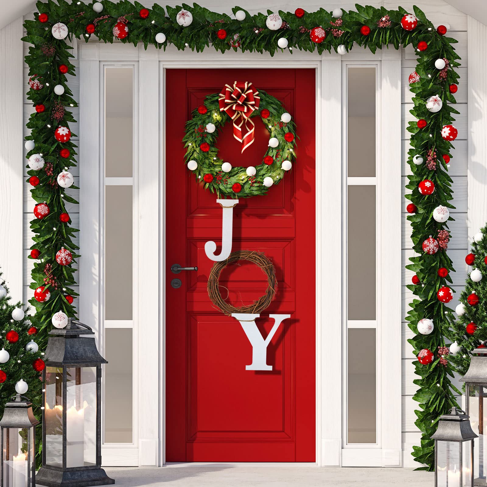 3 Pcs Christmas Joy Sign Decoration Hanging Door Wooden Joy Sign Large White Letters Wreath Ornaments for Door Decoration Wall Decor Farmhouse Rattan Letter Xmas Home Kitchen Outdoor