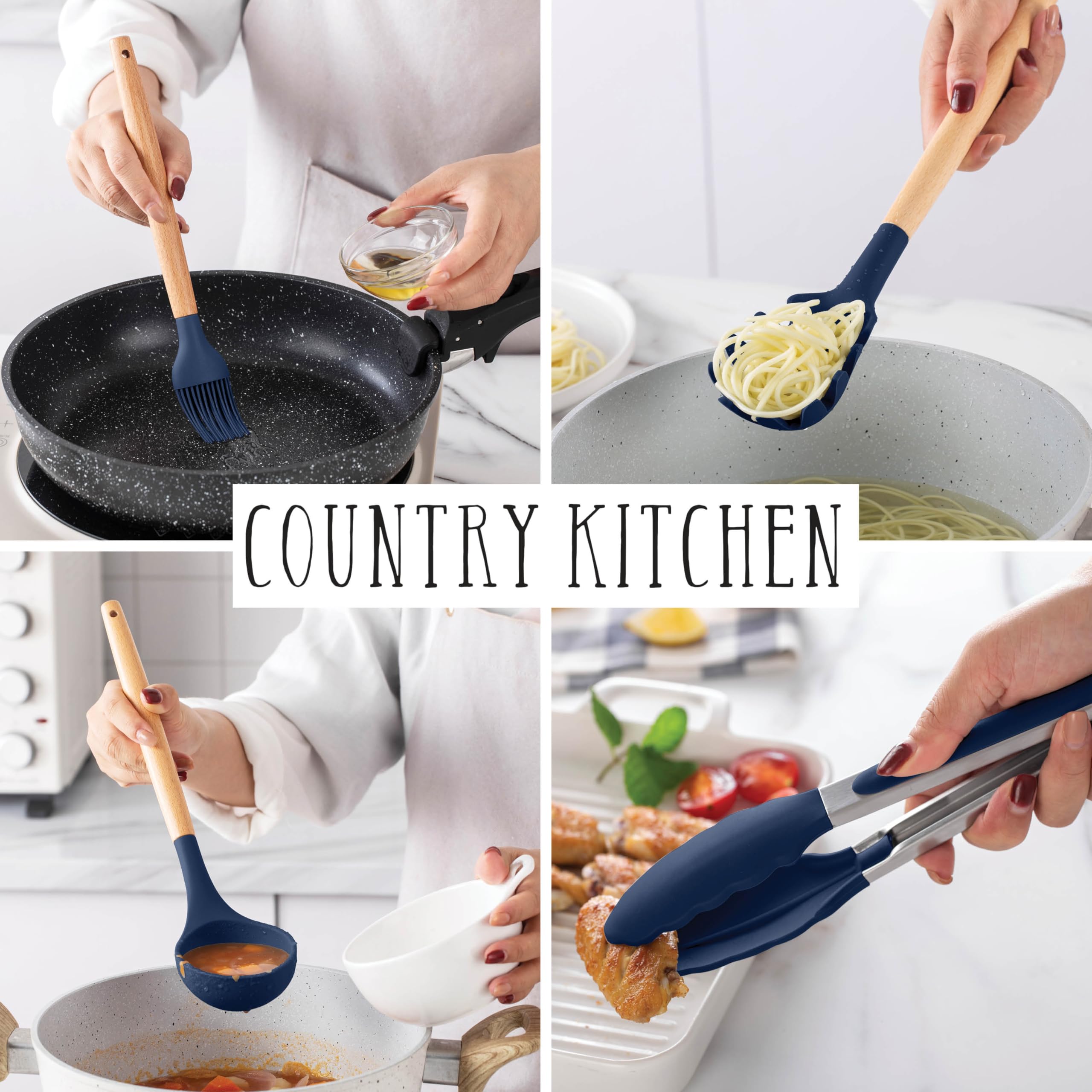 Country Kitchen Non Stick Silicone Utensil Set with Rounded Wood Han