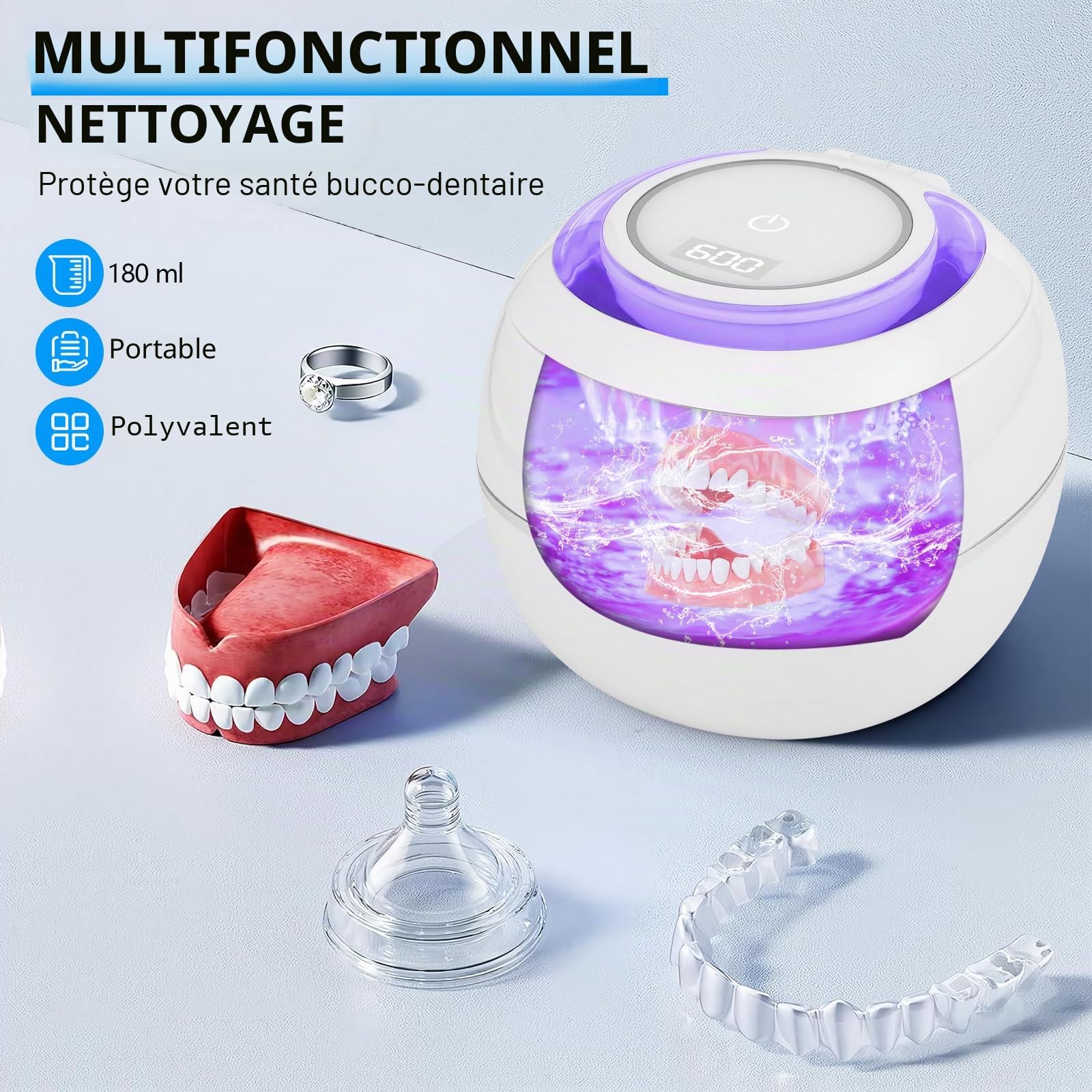 Nettoyeur Ultrasons,GuKKK 28W Detartreur Dentaire Ultrason UV,180ML Nettoyeur Ultrason Appareil Dentaire pour Prothèses Dentaires,Protège-dents de Nuit, Aligneur,Tête de Brosse,Bijoux (Weiß)