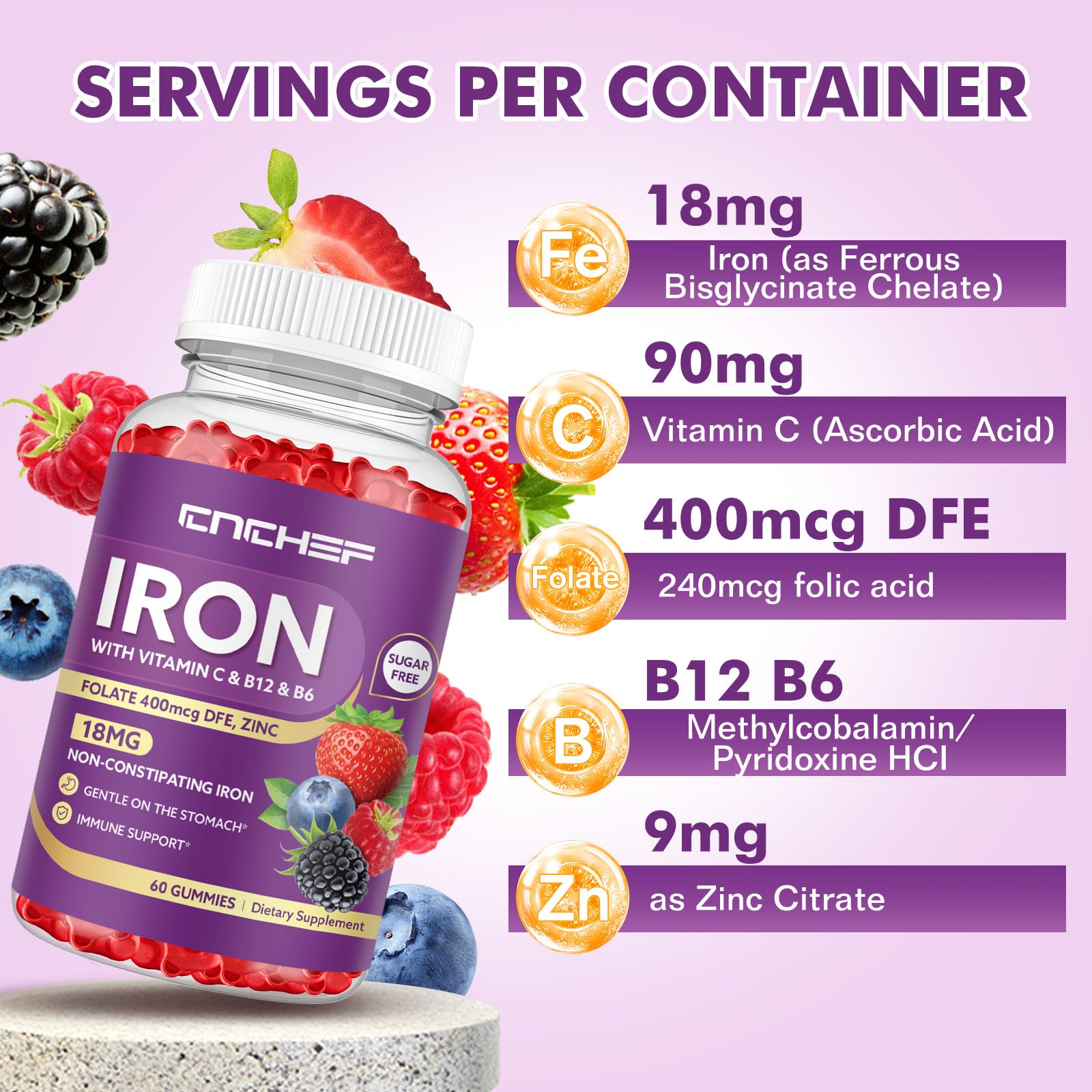 Iron Supplement for Women & Men Gummies, Multivitamin Blood Builder Iron Supplement with Folate Vitamin C B12 B6 Zinc for Adults & Kids - Energy Support - Mixed Berry Flavor, Vegan 60 Gummies — Amazon image 3