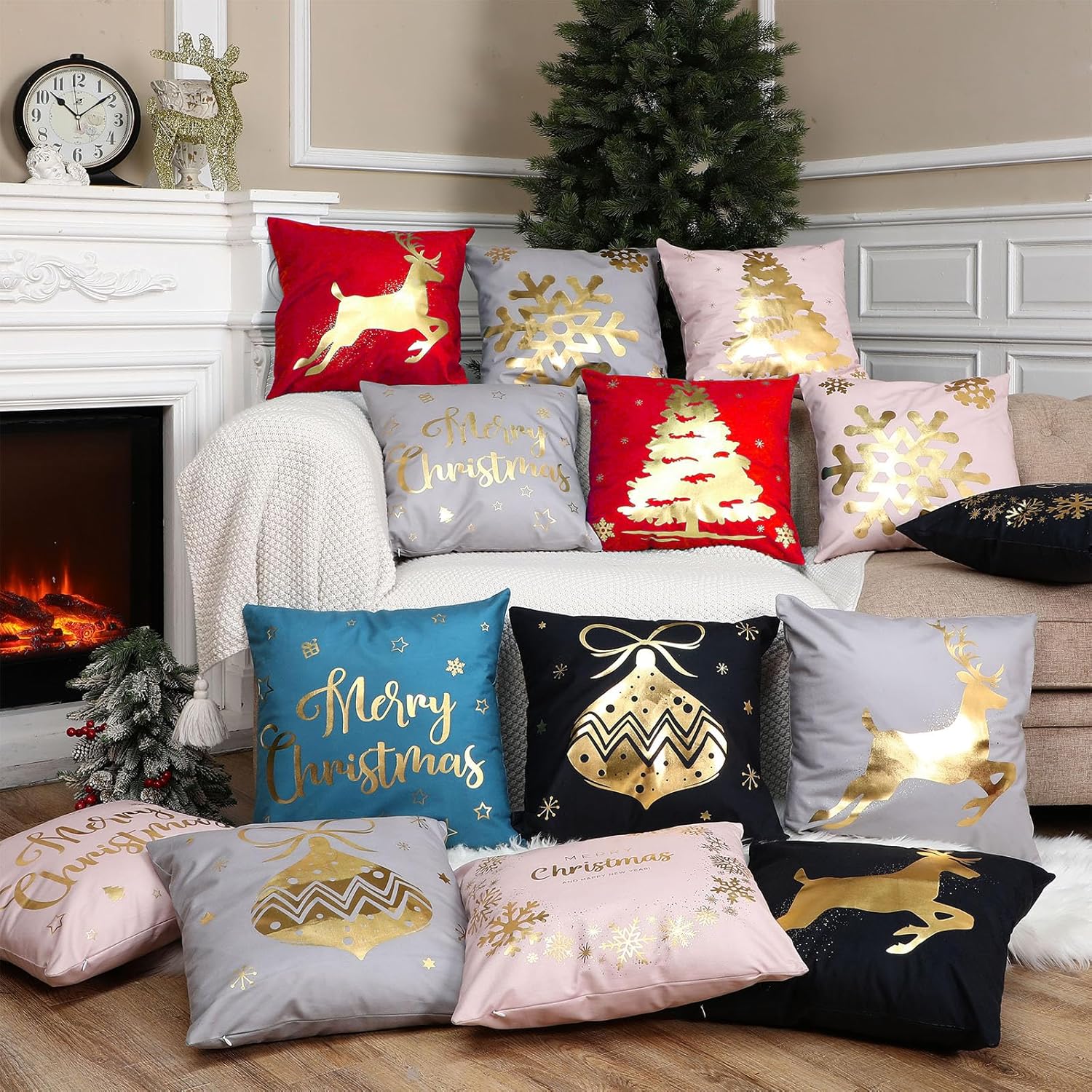 Tatuo Christmas Pillow Covers 18 x 18 Set of 6 Christmas Decoration Throw Pillow Covers Winter Holiday Decor Cushion Cases for Sofa Couch Bedroom Xmas Tree Snowflake Reindeer(Red, Gold)