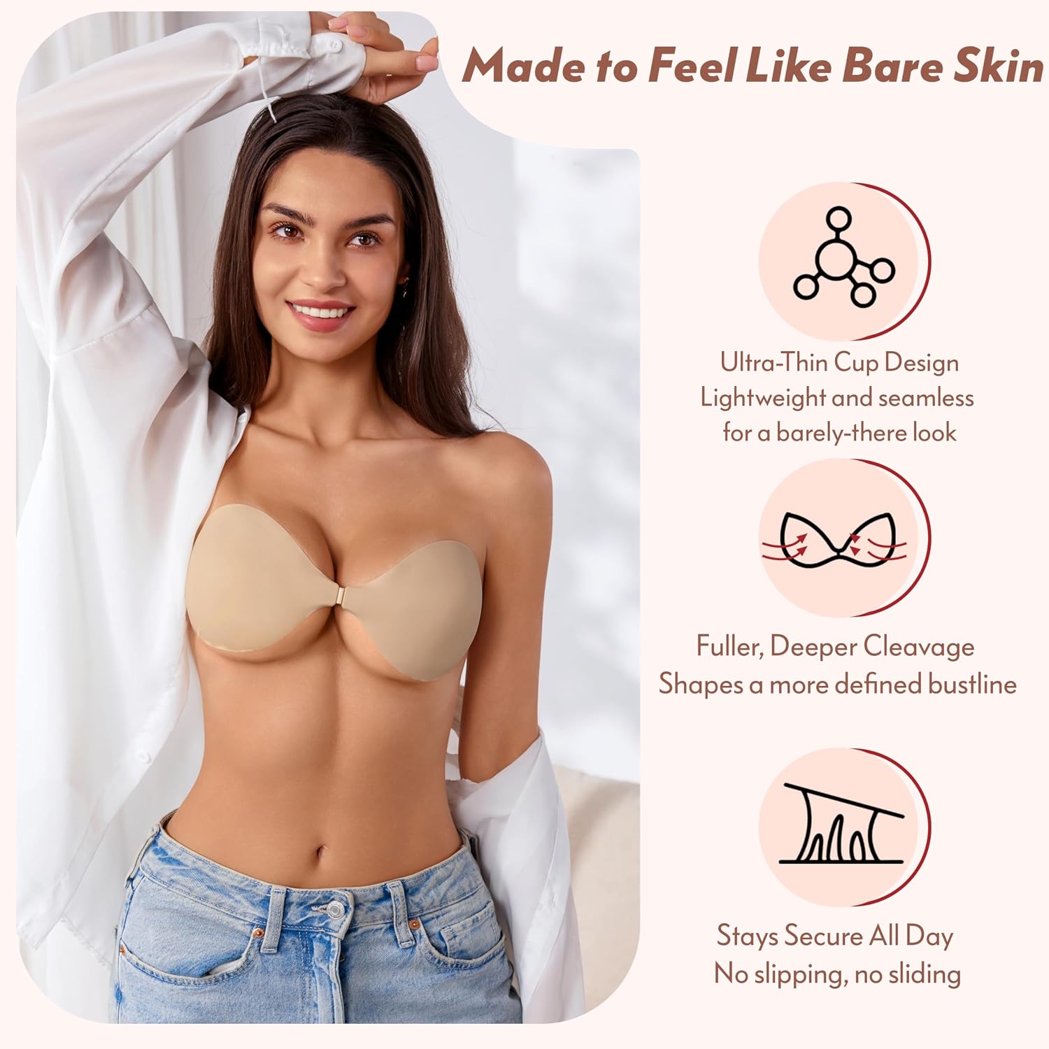 Rosefly Silicone Adhesive Bra Push Up for Women, Strapless Backless Sticky with Notably Thin Seamless Profile for Dress