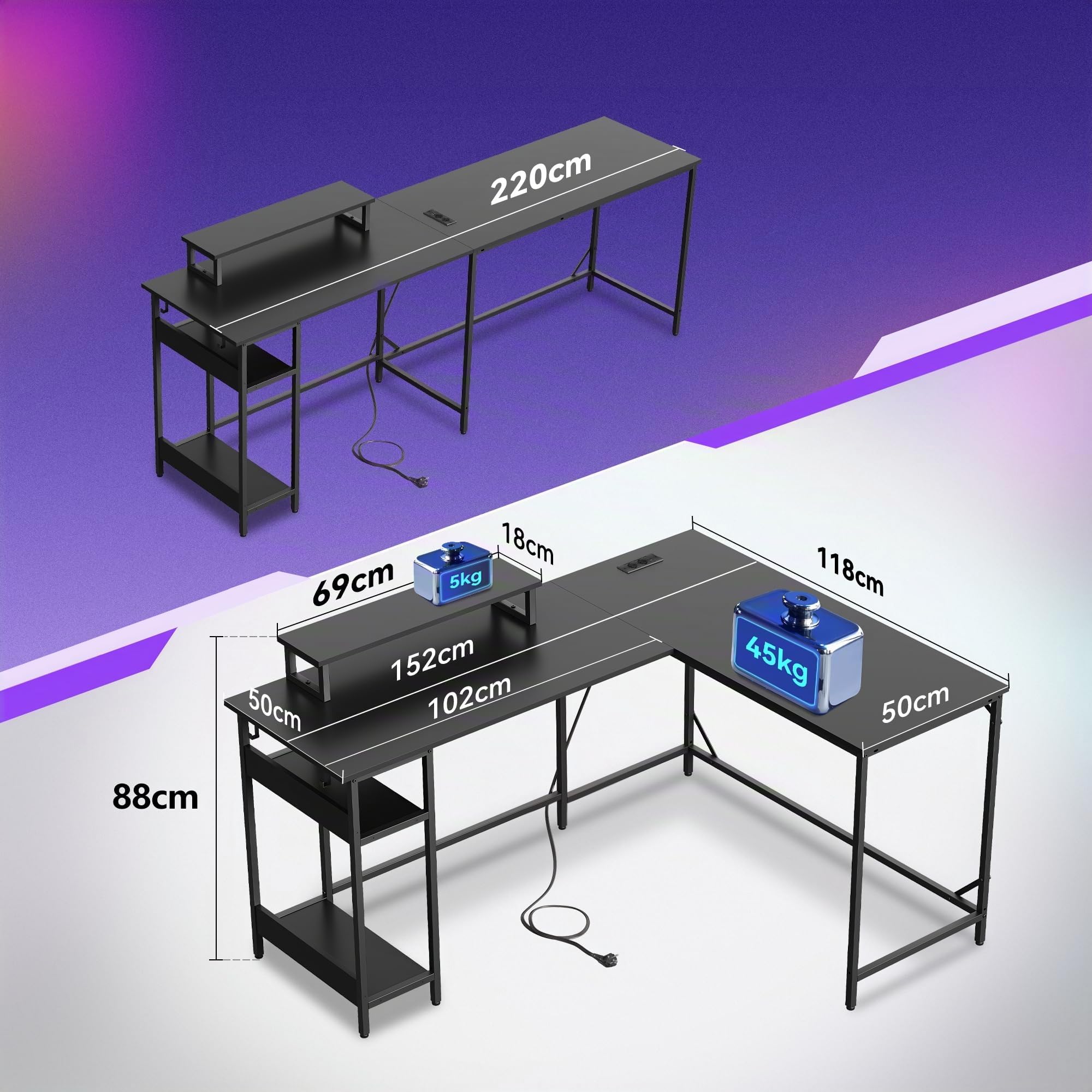 DEVAISE Escritorio en L de 150 x 120 cm con Tomas de Corriente, USB y Luces LED, con Estantes de Almacenamiento, Mesa de Ordenador para Oficina en Casa, Negro