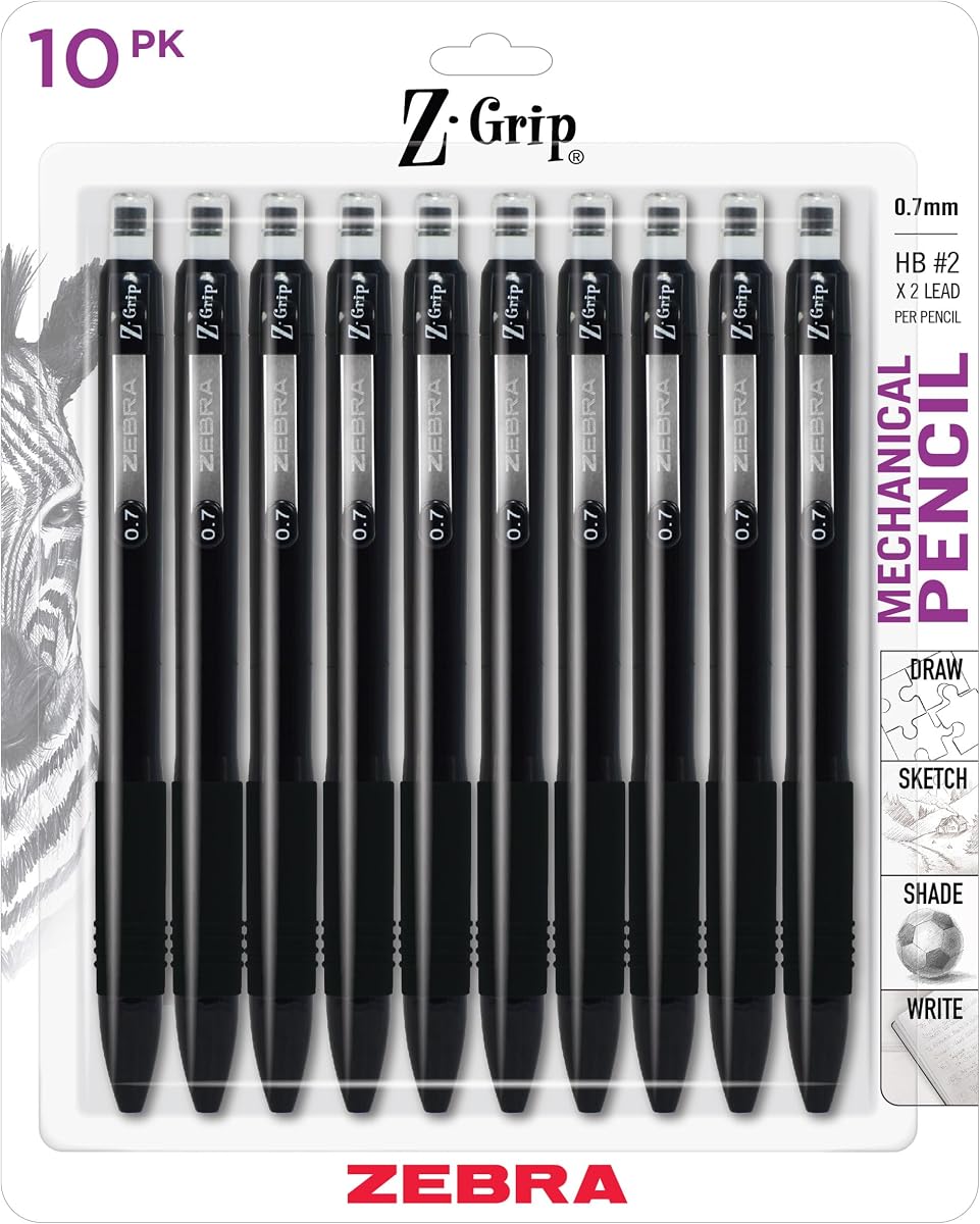 Portaminas Z-Grip, 0,7 mm n.º 2 HD, cuerpo negro, paquete de 10 | Agarre sin látex, escritura suave, viene precargado con mina y borrador, recargable, ideal para útiles escolares (50401)