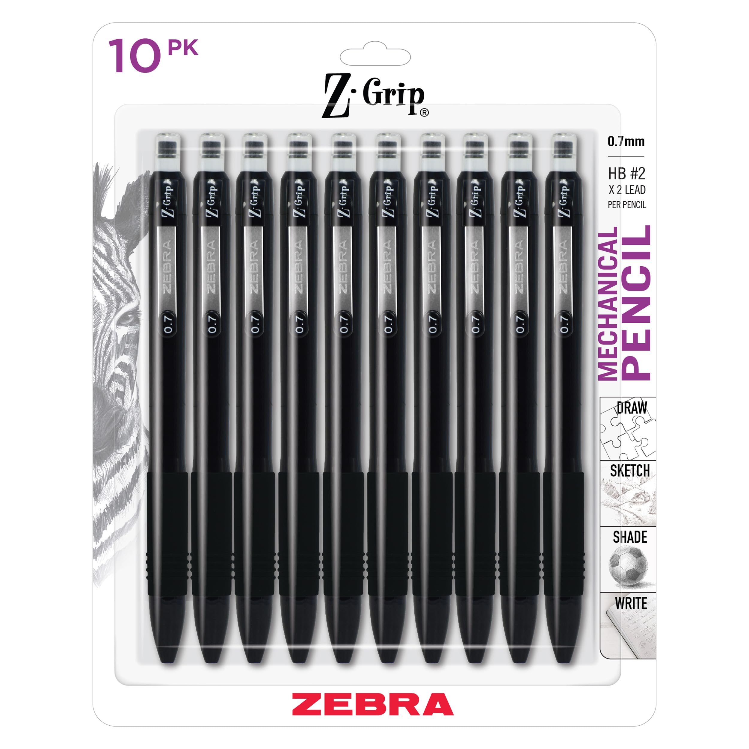 Zebra Pen Z-Grip Mechanical Pencil, 0.7mm #2 HD, Black Barrel, 10-Pack