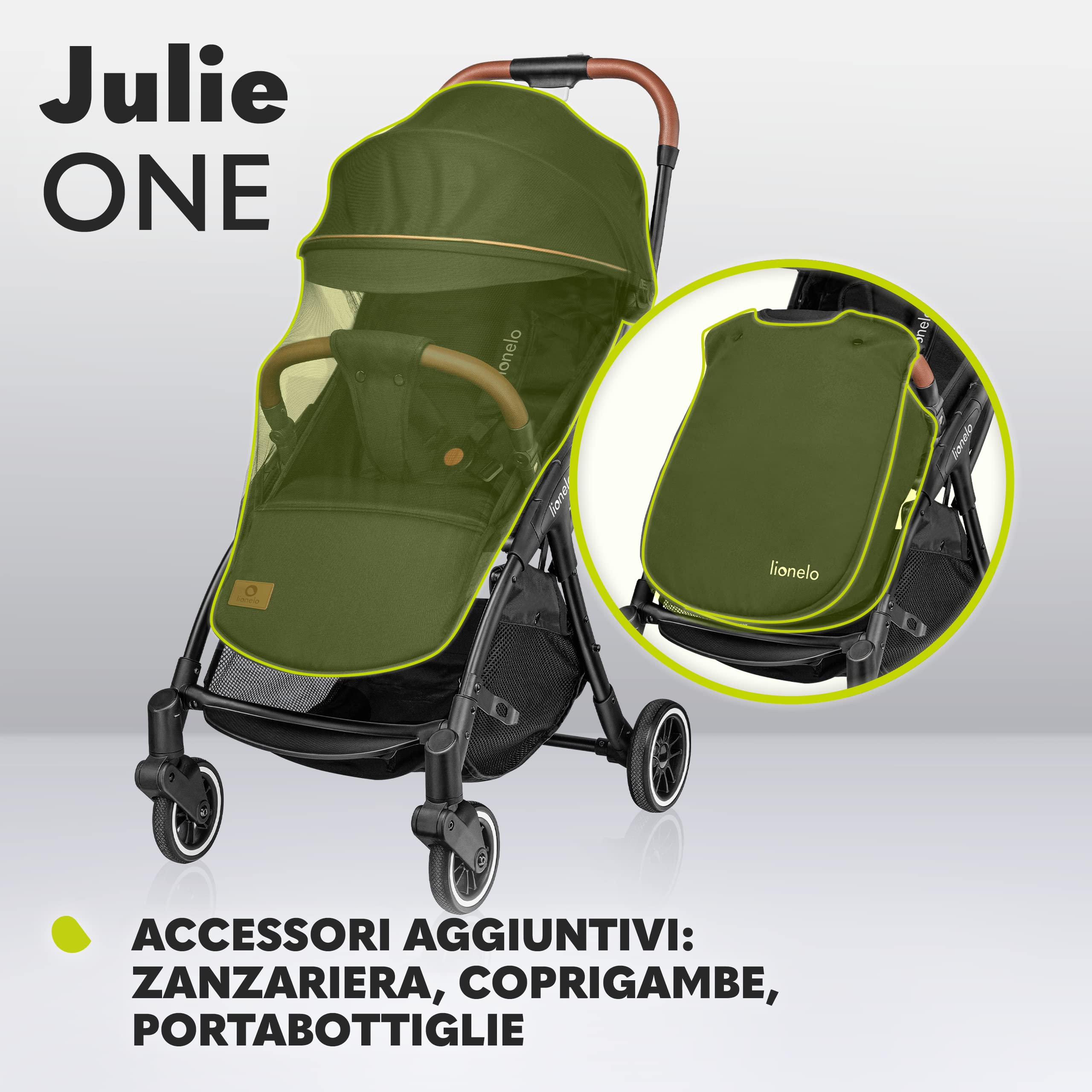 LIONELO Julie One Passeggino Leggero e Pieghevole dalla Nascita a 22 kg | Compatto, Schienale in Posizione Sdraiata e Poggiapiedi Regolabile, con Zanzariera, Coprigambe, Portabibite e Borsa