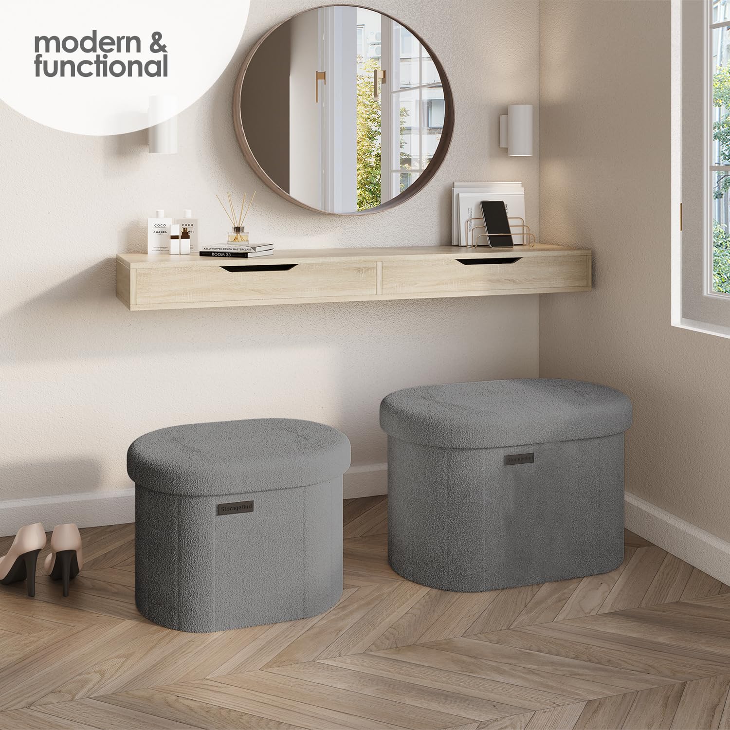 Ottomane ronde avec rangement pour le salon, 40,6 cm, petit ottoman, repose-pieds, repose-pieds en boucle, pouf ottoman max 150 kg, gris