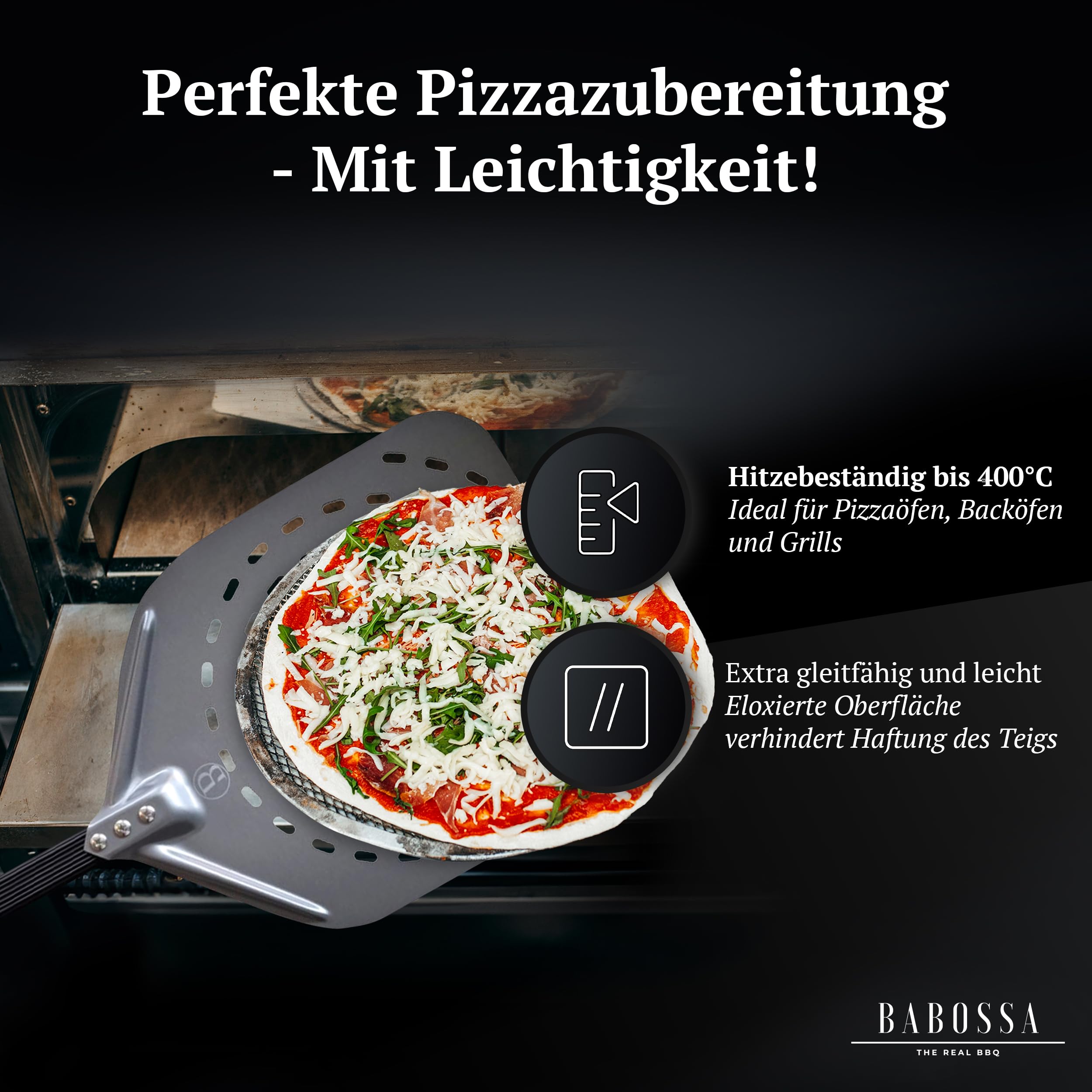 BABOSSA Pizzaschieber aus eloxiertem Aluminium – extra gleitfähig und hitzebeständig – stabile Pizzaschaufel mit gummiertem festen Griff – Perfekt für Backofen, Pizzaofen und Grill