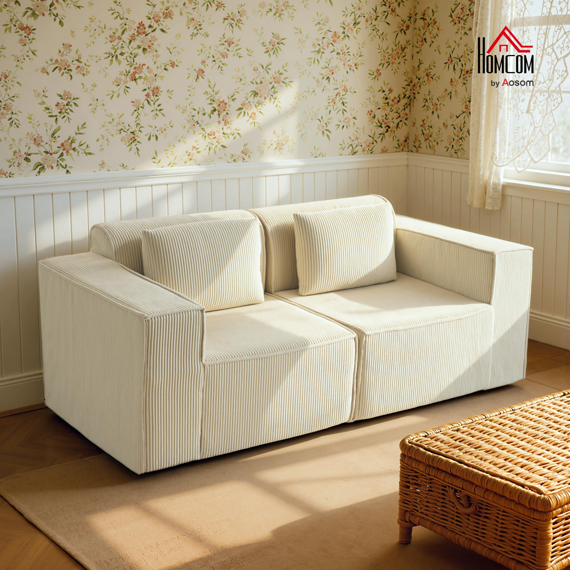 HOMCOM Divano 3 Posti Extra Profondo 65 cm Divanetto Modulare Beige | Senza Struttura, Imbottitura Spessa, Braccioli Larghi, 2 Cuscini, Sofà Moderno in Velluto a Coste, per Salotto e Soggiorno