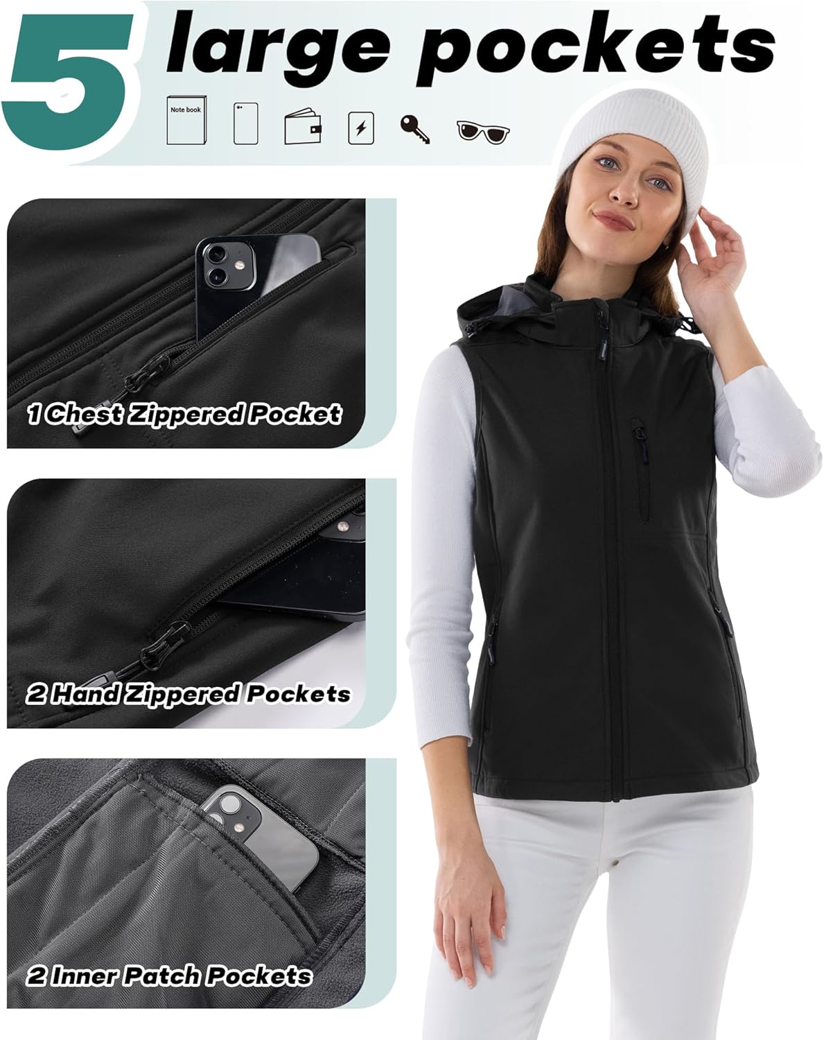 Outdoor Ventures Women's Hooded Lightweight Softshell Vest, Windproof Fleece Lined Sleeveless Jacket for Golf Running Travel - Image 3