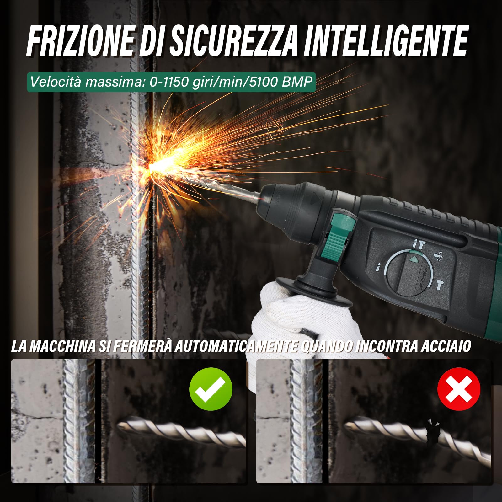 STANEW Martello Perforatore SDS Plus 950W, Martillo ligero 0-1150giri/min/5100BPM,4 funzioni e frizione di sicurezza, impugnatura girevole a 360°, velocità variabile, Calcestruzzo Acciaio, Legno (1)