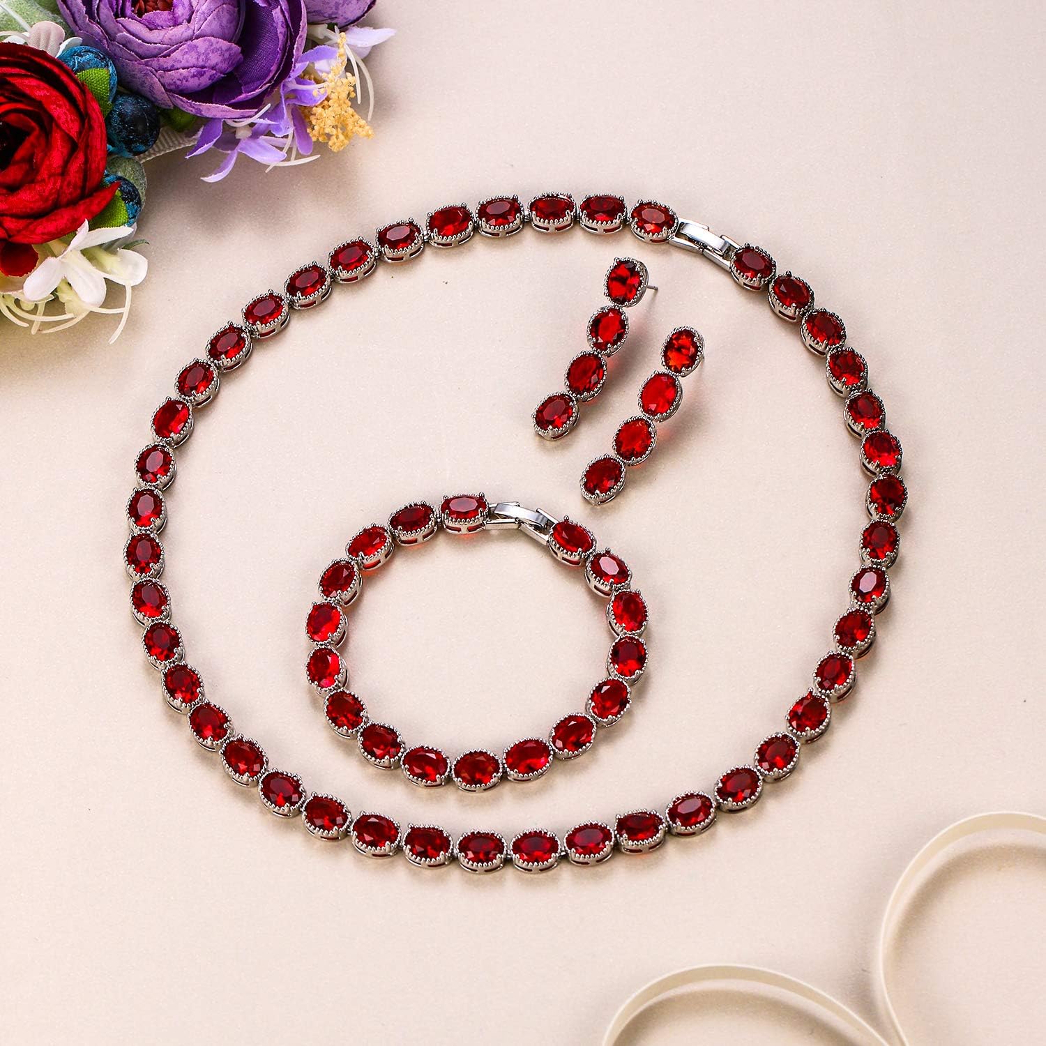 EVER FAITH Women's Bride Jewelry Set Oval Shaped CZ Wedding Necklace Earrings Bracelet Sets Silver-Tone - Image 4