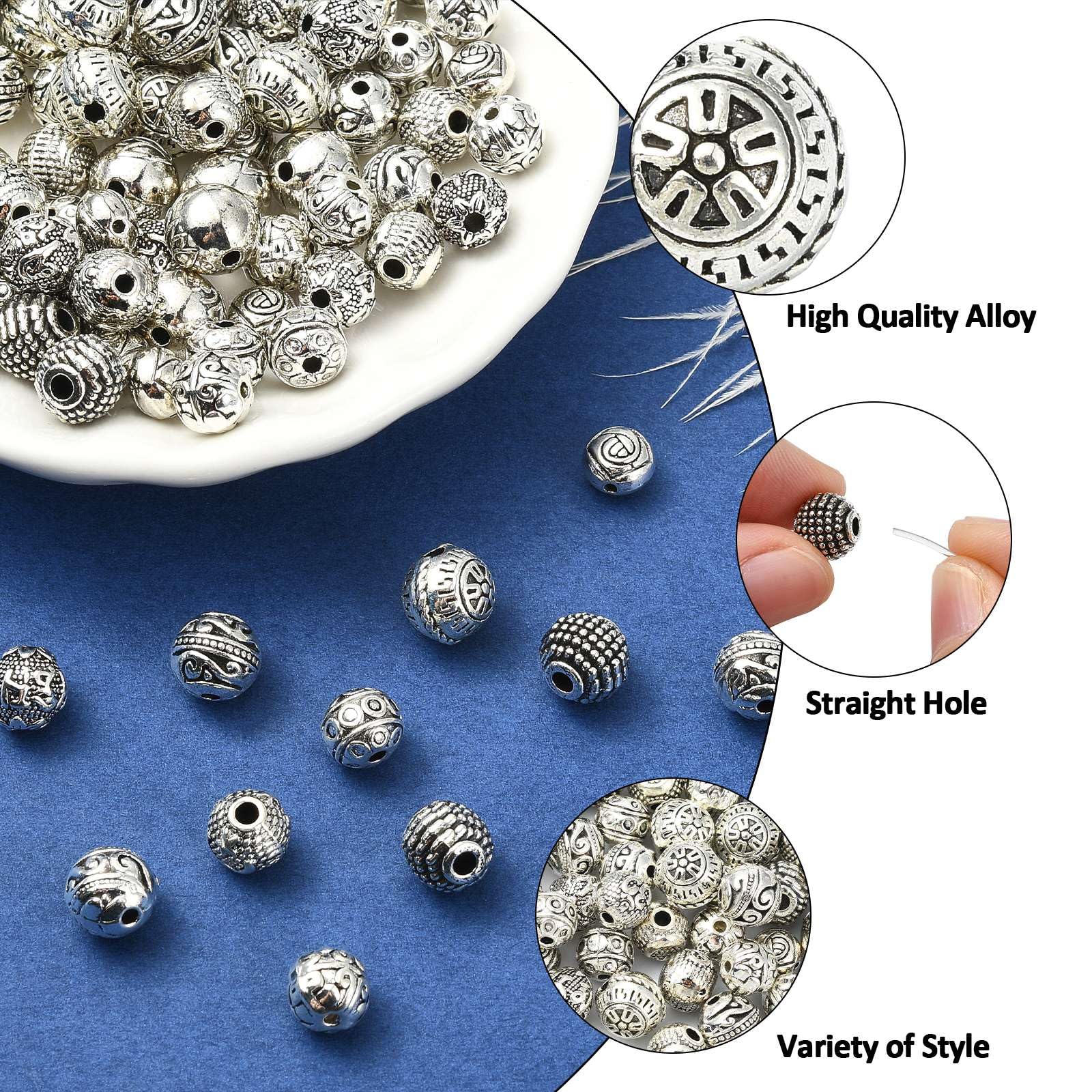 Stiesy 100Pcs 10 Styles Tibetan Style Alloy Round Beads 7mm 8mm 9mm Vintage Antique Silver Metal Spacer Beads Loose Beads for DIY Necklace Bracelet Jewellry Making Accessories - Image 3