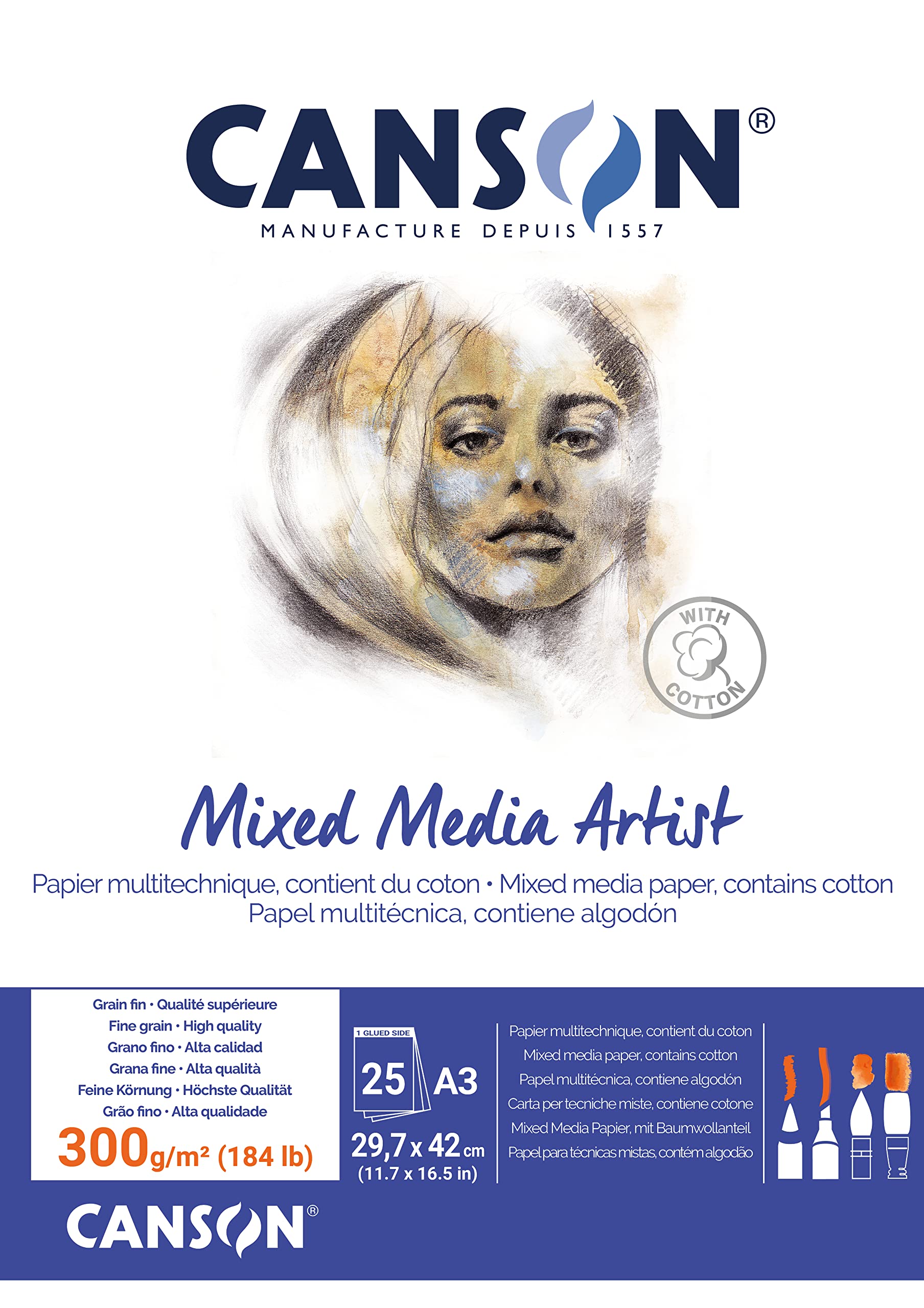 Canson Mix Media Artist Bloc Encolado A3 25 hojas 10% Fino 300g