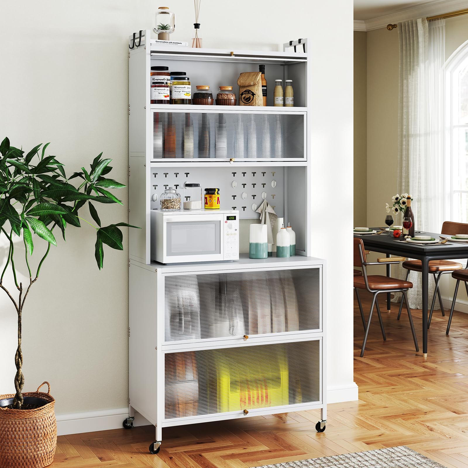 GIANTEX Mobile da Cucina Alto a 6 Livelli, Credenza Cucina con Ruote, 10 Ganci, Ante Pieghevole, Pannello Perforato, Mobile Vetrina in Acciaio, per Soggiorno, Sala da Pranzo
