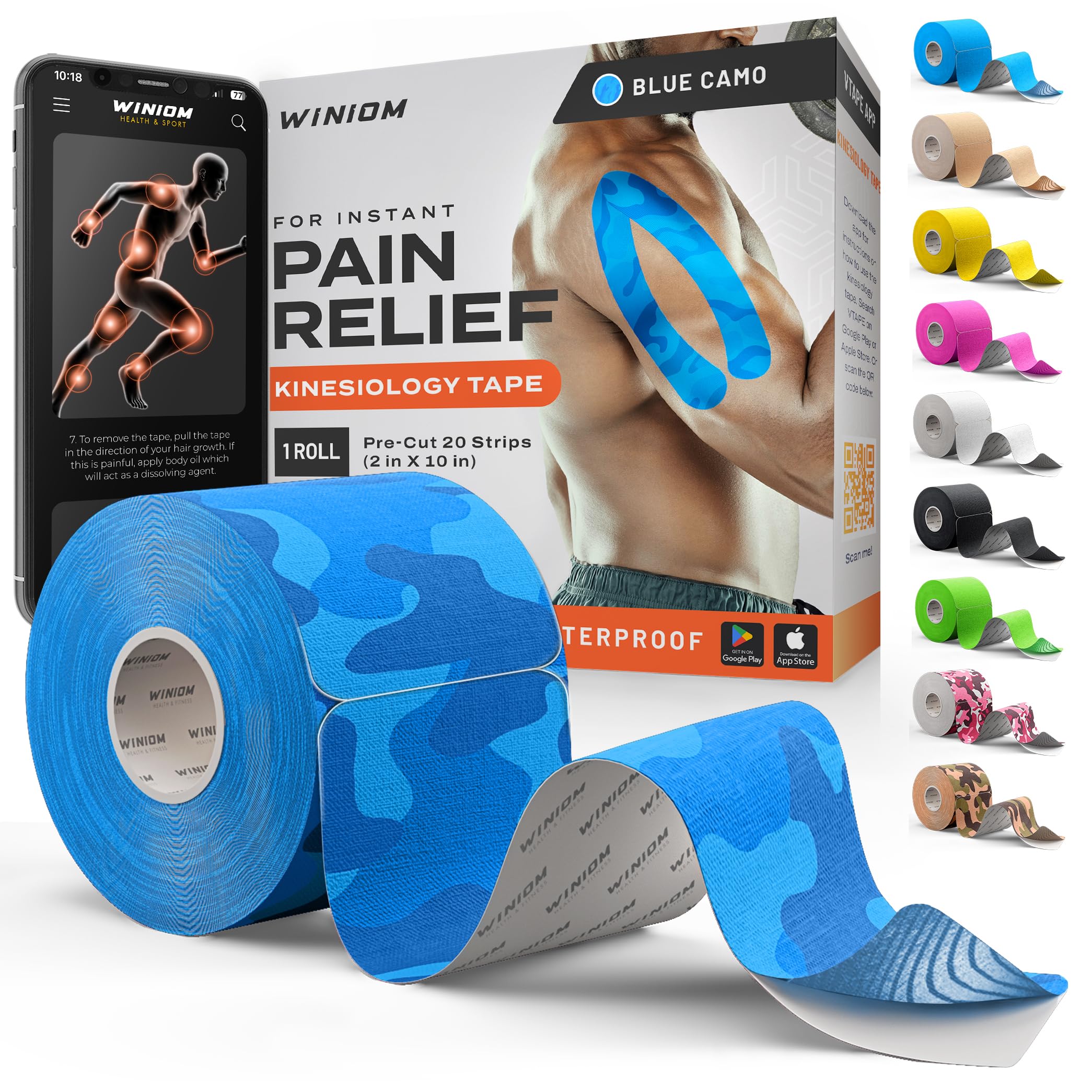 Kinesiology Tape-Incredible Support for Athletic Sports and Recovery + Free Taping Guide - Pre-Cut 2 inch 16.4 feet (Electric Blue Camo + Free Taping