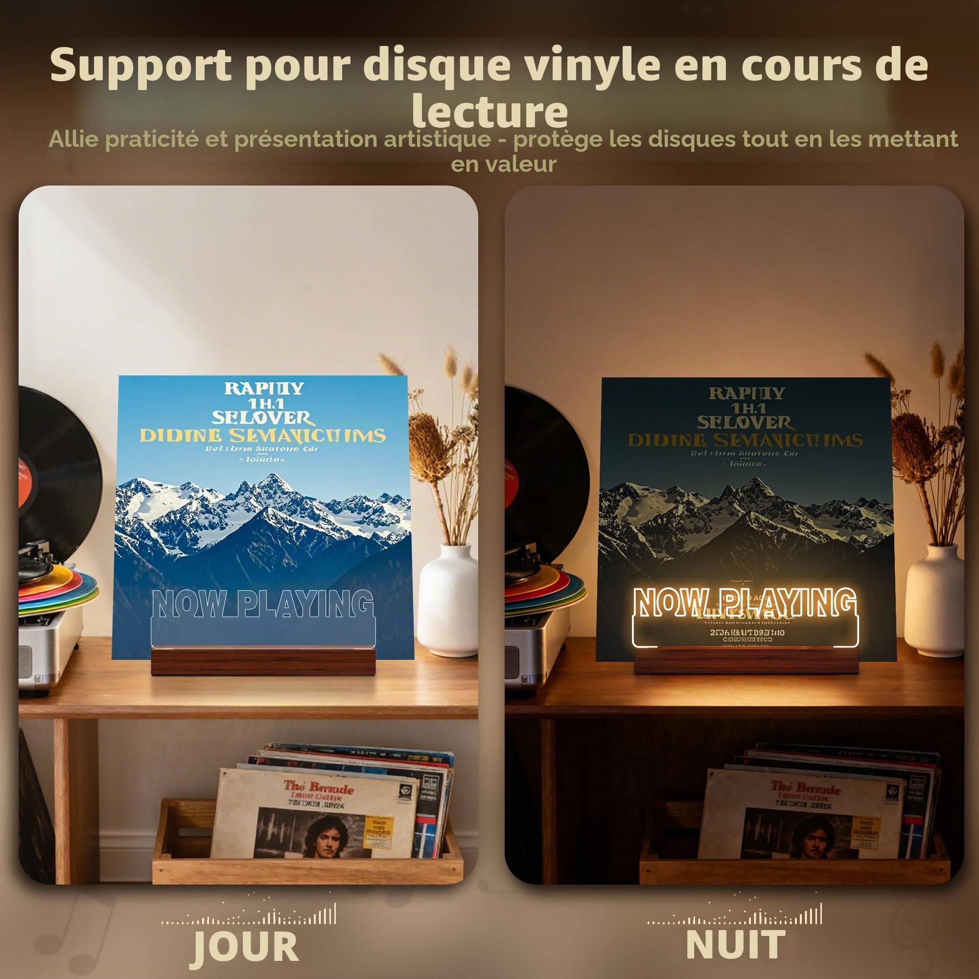 YuanDian Support rotatif pour disques vinyles en bois et acrylique pour rangement d'albums vinyles, support de collection d'affichage LED