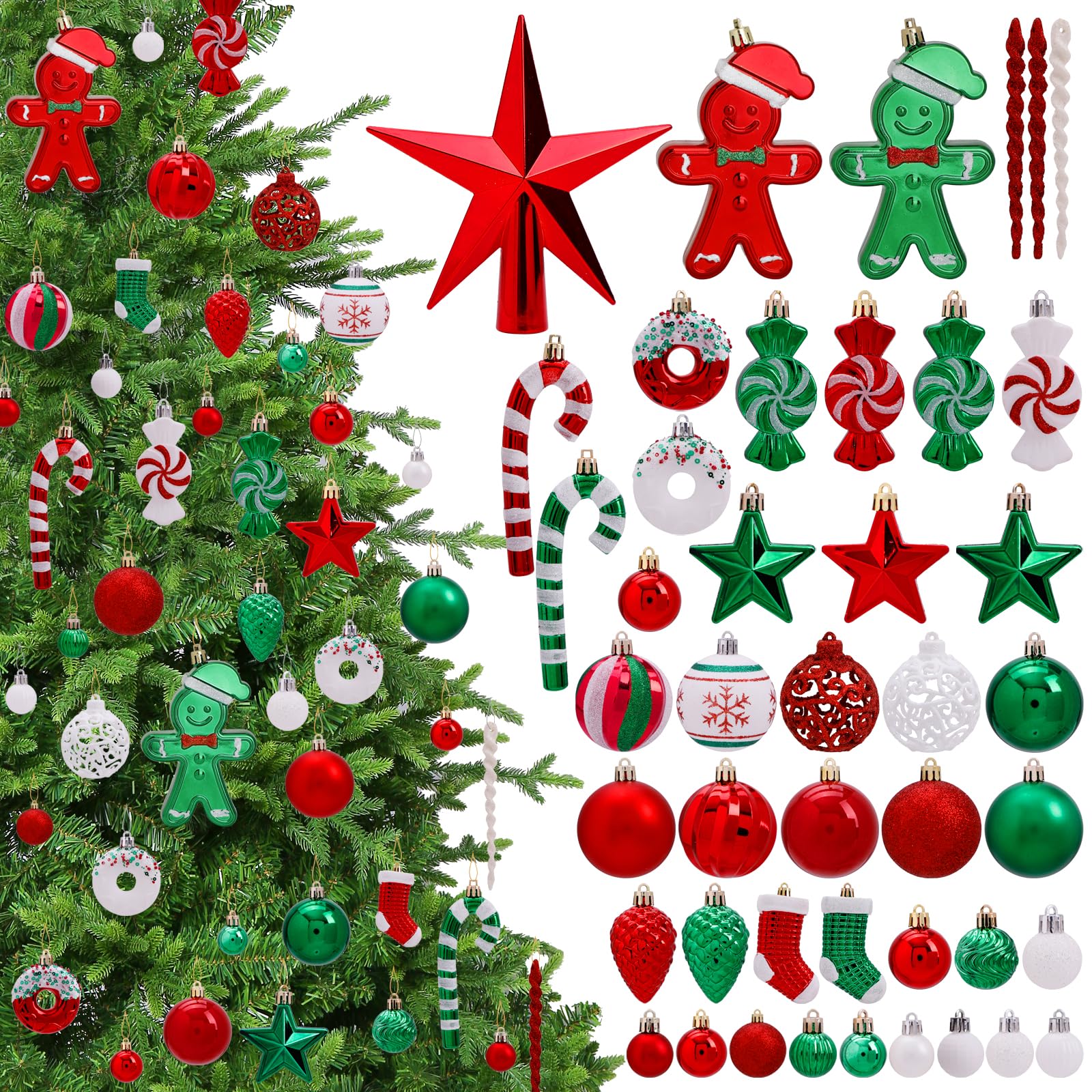 Juego de 125 adornos de Navidad, decoración de árbol de Navidad rojo y verde, bolas colgantes decorativas inastillables para fiestas de Navidad, decoración del hogar