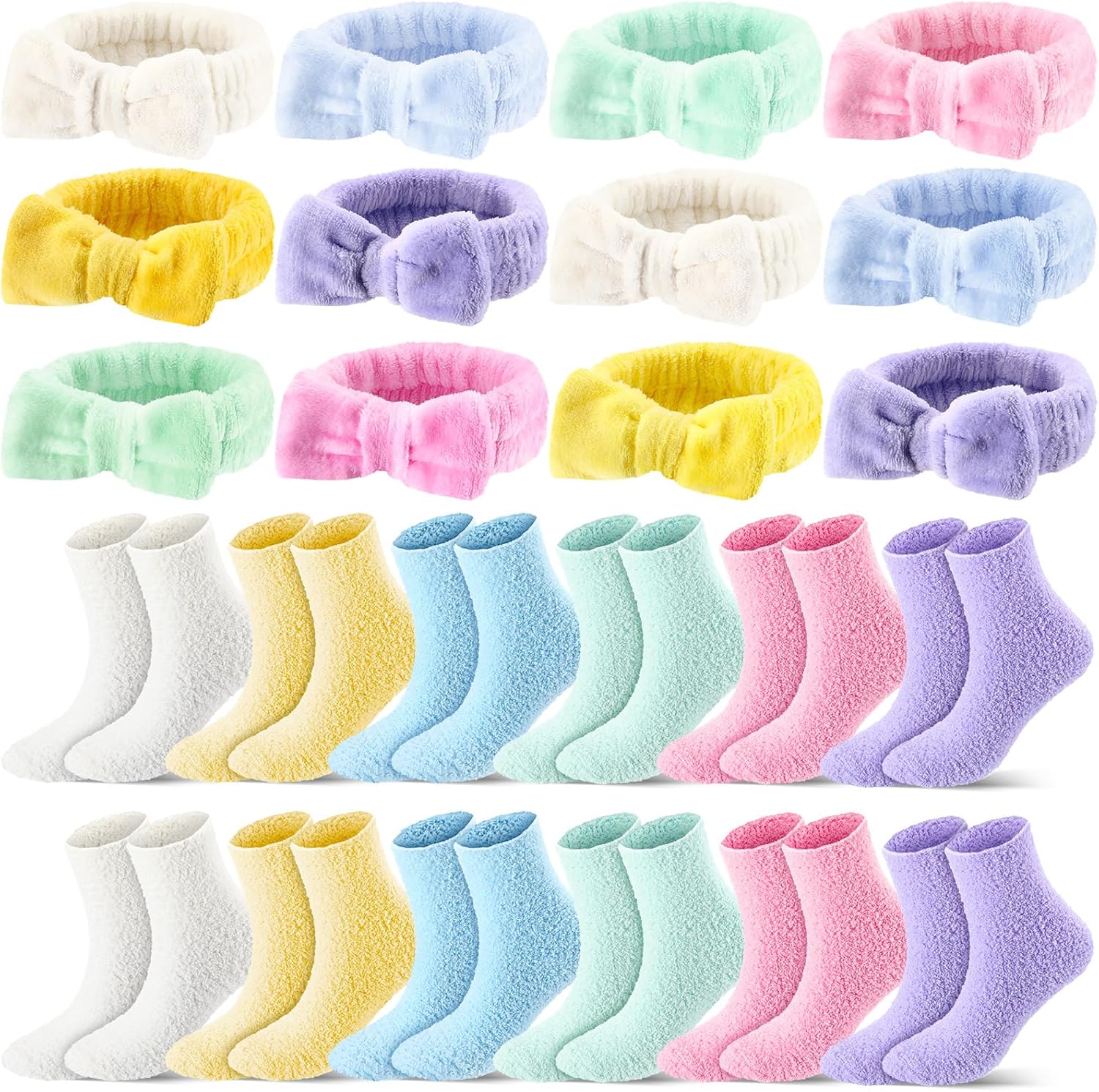 Spa Sleepover Party Supplies for Women Bulk 6 Fuzzy Socks Headbands for Slumber Party Favors Winter Slipper Socks