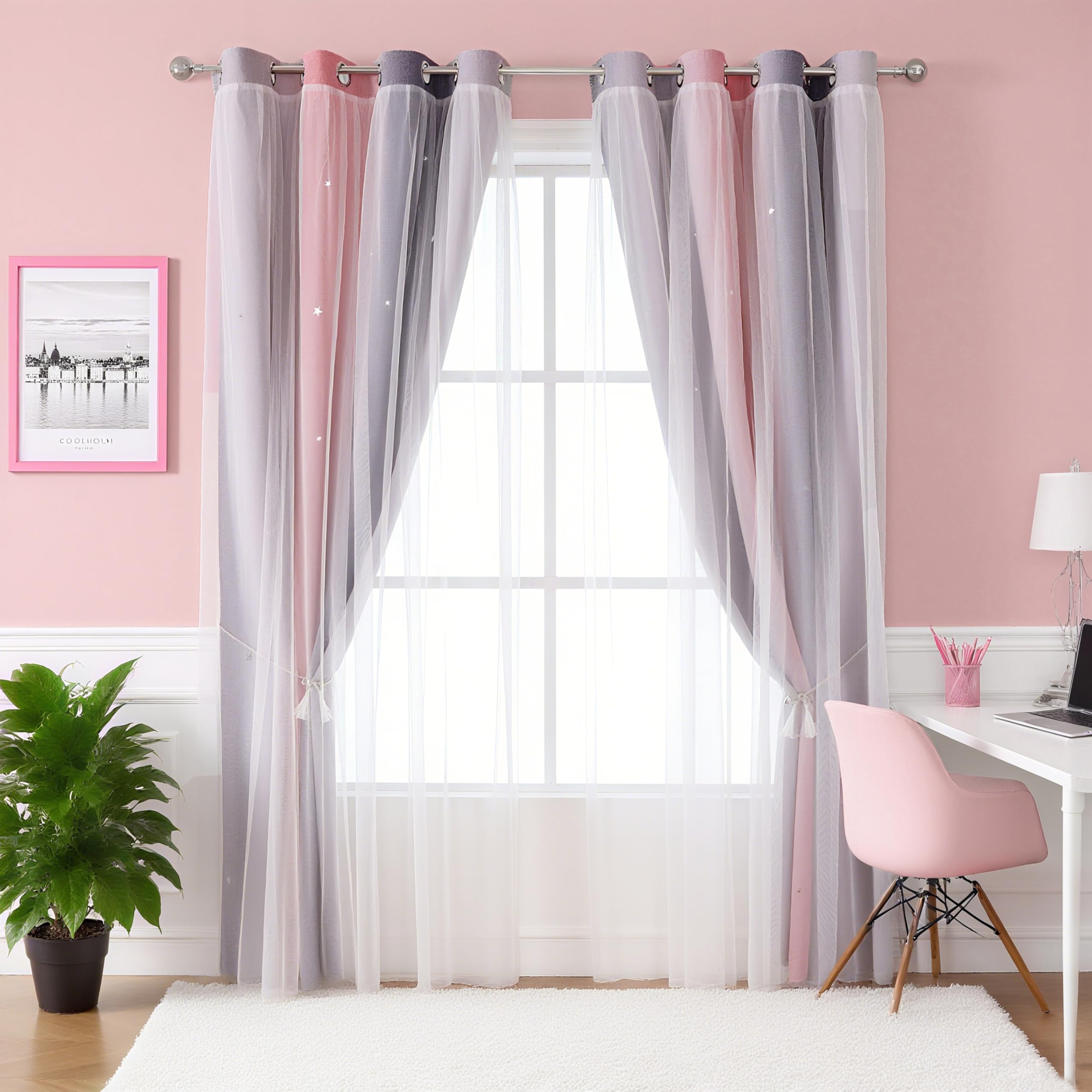 Freyamy Gardinen Rosa Grau Glänzend Sterne Vorhänge Blickdicht Kinderzimmer Halbtransparent H 160 X B 132cm Ösenvorhang 2er Set Mädchen Kindervorhänge Gardinen Verdunkelungsvorhang Wohnzimmer