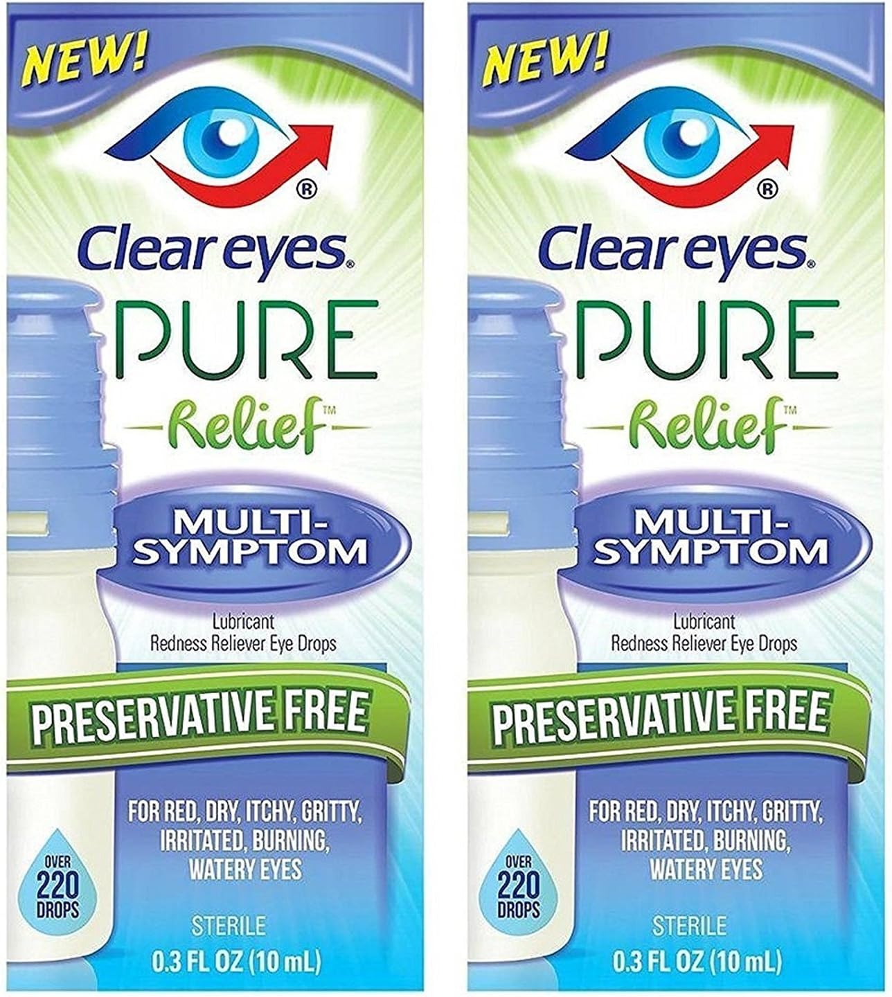 Clear Eyes Pure Relief Multi-Symptom Eye Drops, 0.34 Fl Oz (Pack of 2)