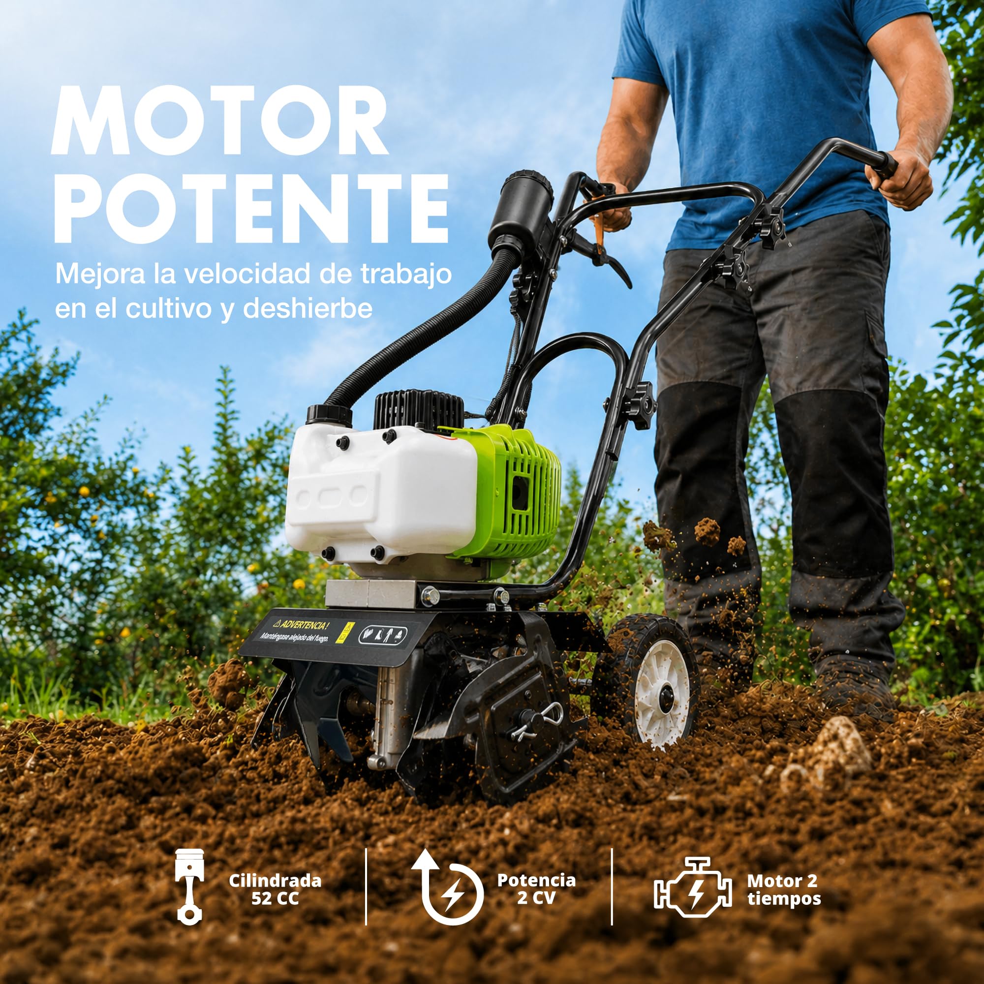 Synergy Mini Motoazada Gasolina 52cc 2CV – Motor 2 Tiempos – Ancho de Trabajo 26cm – 4 Cuchillas Reforzadas y Ruedas de Transporte – Modelo Groundwork