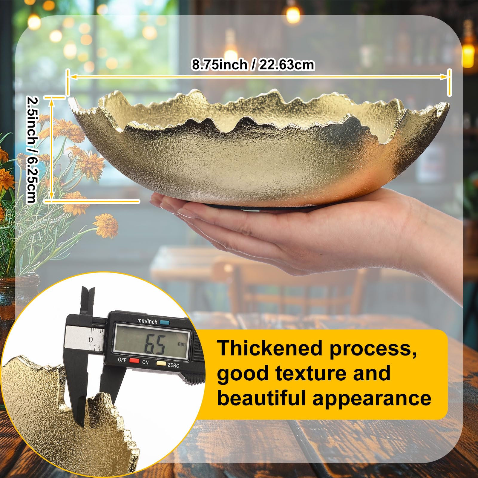Nuogo 2 Pcs Gold Decorative Bowl for Table Golden Metal Centerpiece with Sculpted Edges Antique Torn Texture Serving Moon Bowl for Key Candy Fruit Tray Home Decorations