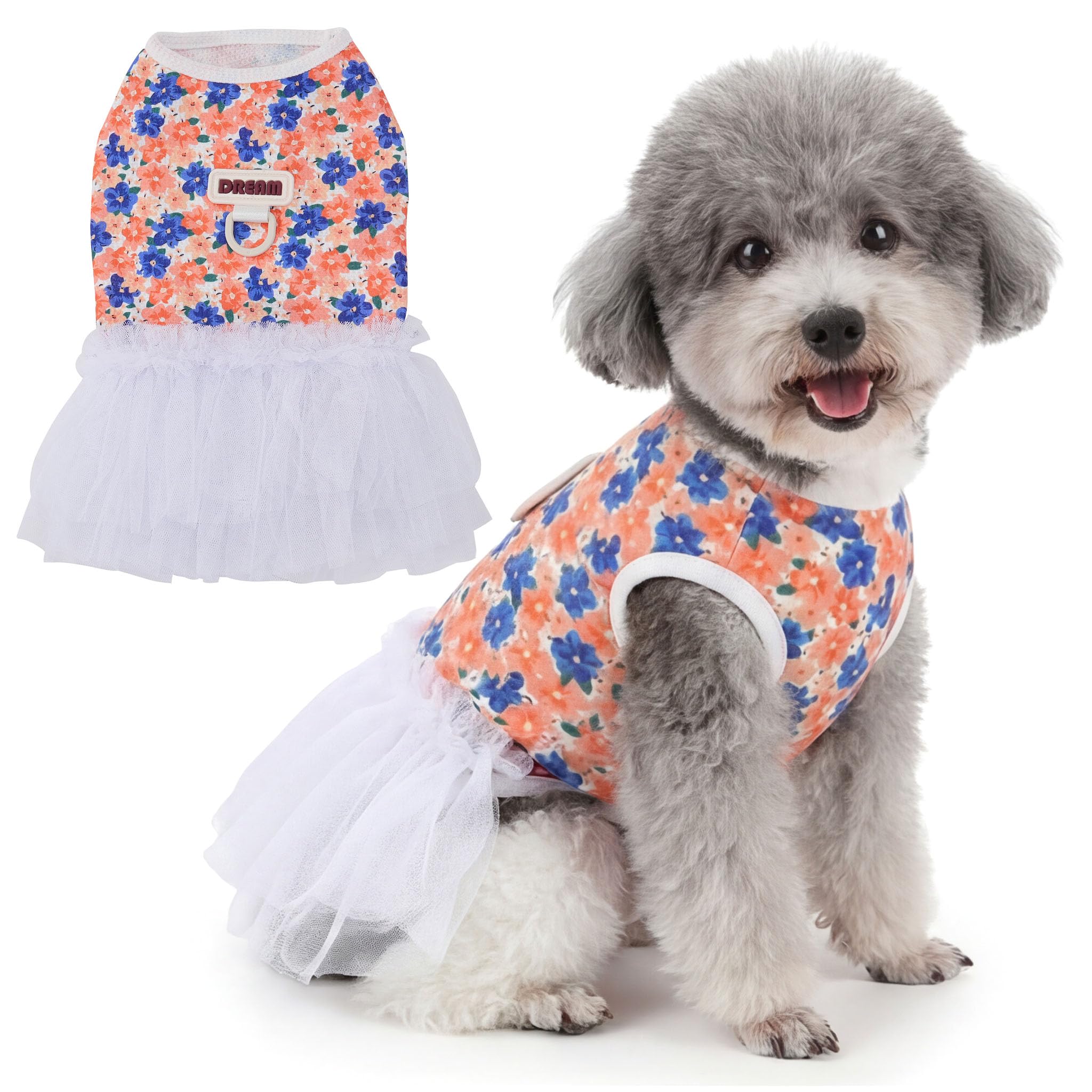 Zunea Floral Dog Tutu Dresses with D-Ring for Small Dogs Soft Breathable Puppy Princess Dress Cute Summer Vest Shirt with Tulle Skirt Chihuahua Yorkie Pet Clothes for Walking Photoshoot Orange L