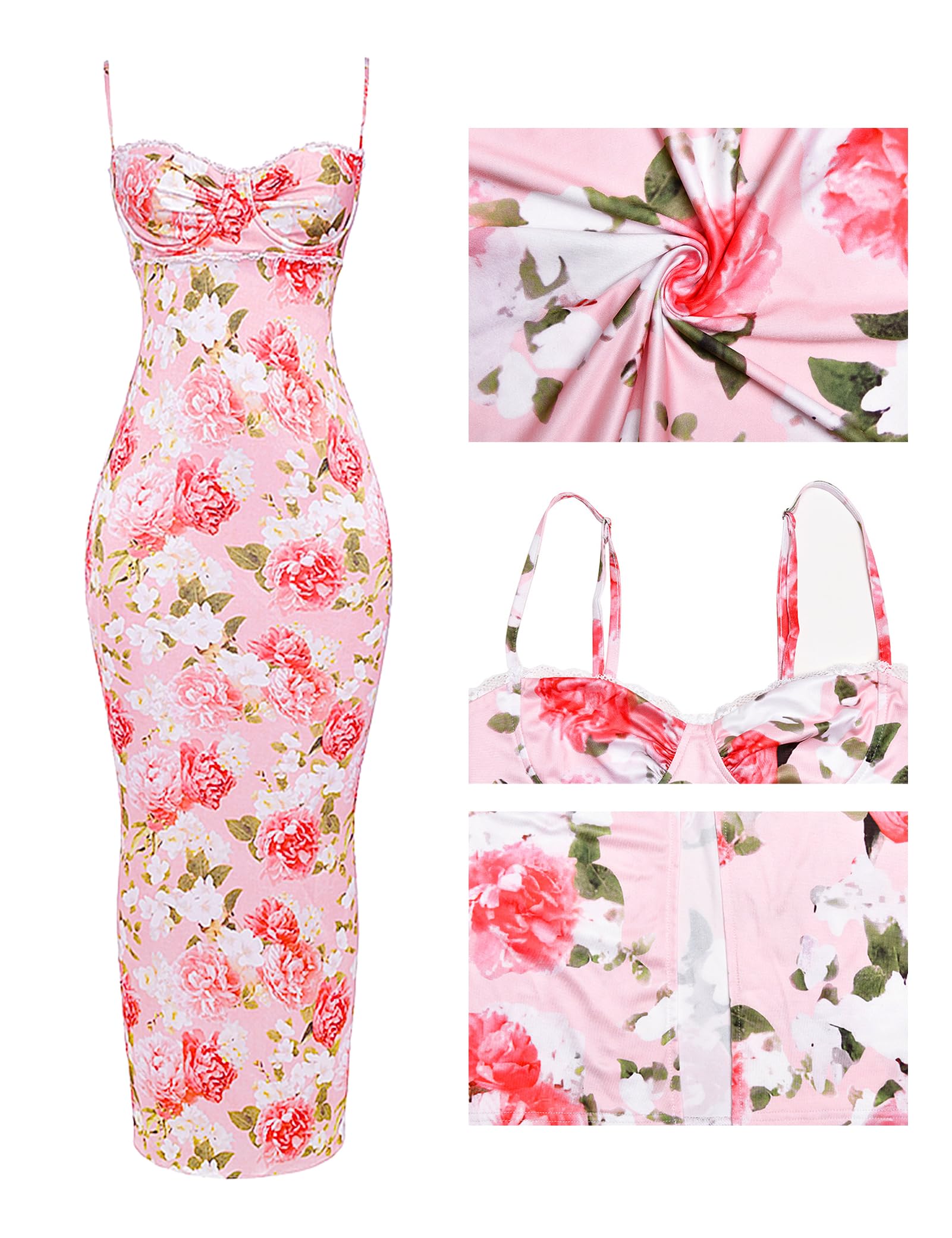 Women Sexy Backless Satin Maxi Dresses Spaghetti Strap Floral Print Dresses Slim Fit Elegant Long Dresses Night Party Outfits
