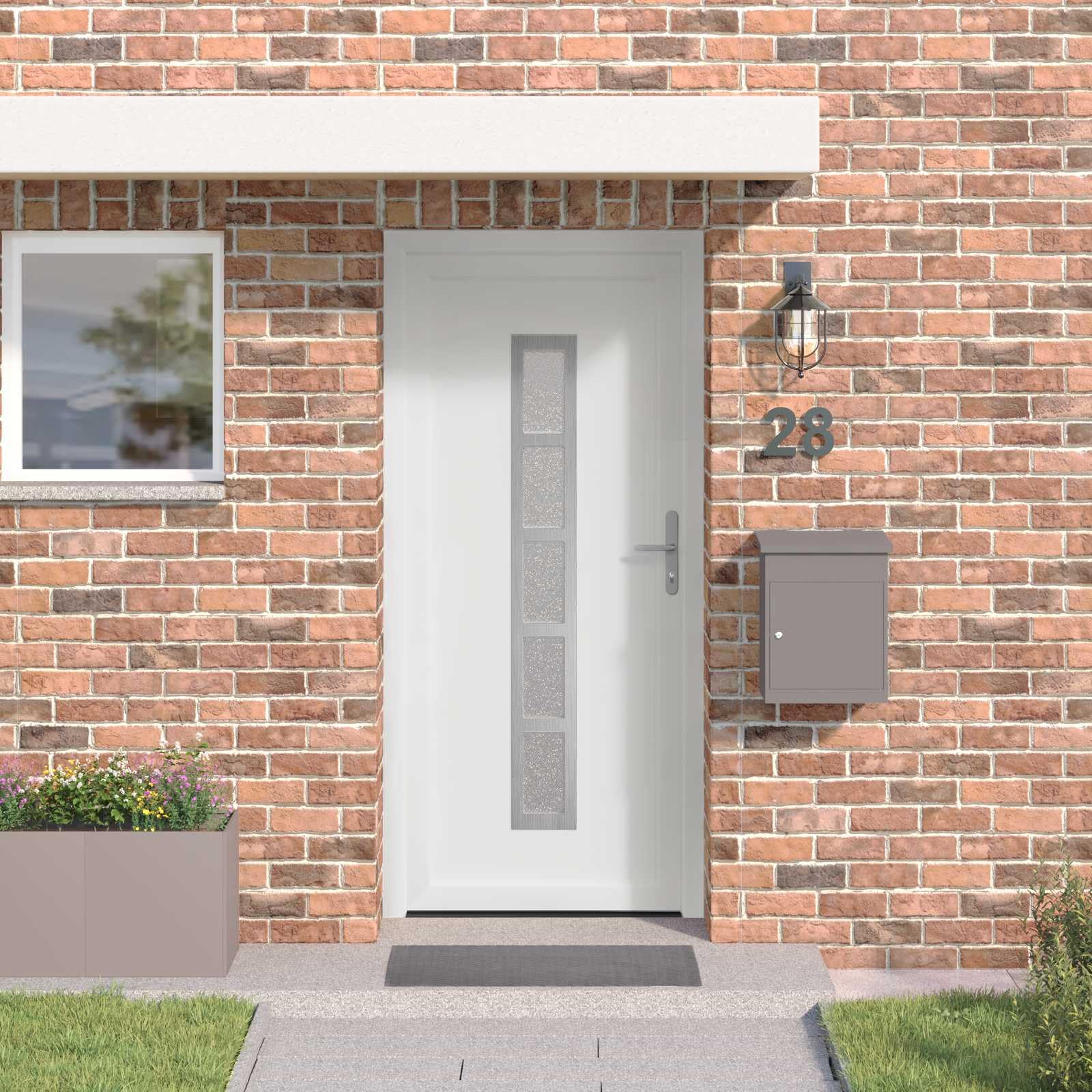 Puerta de entrada blanca de PVC 98 x 208 cm con superficies de cristal, puerta de entrada para interior y exterior, con herrajes y bisagras, para nueva construcción, renovación, resistente a