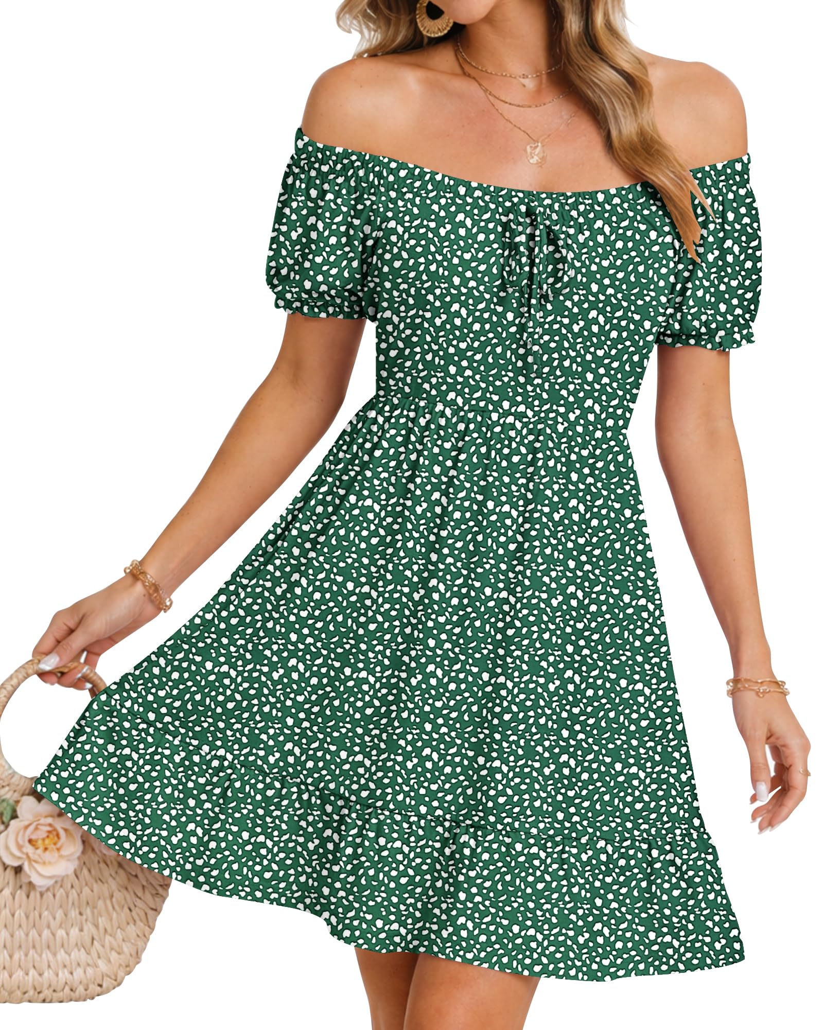 AUSELILY Damen Sommerkleid Kurzarm Puff Ärmel Kleider Bedruckter Hoher Taille Strandkleid Freizeit Minikleid mit Taschen