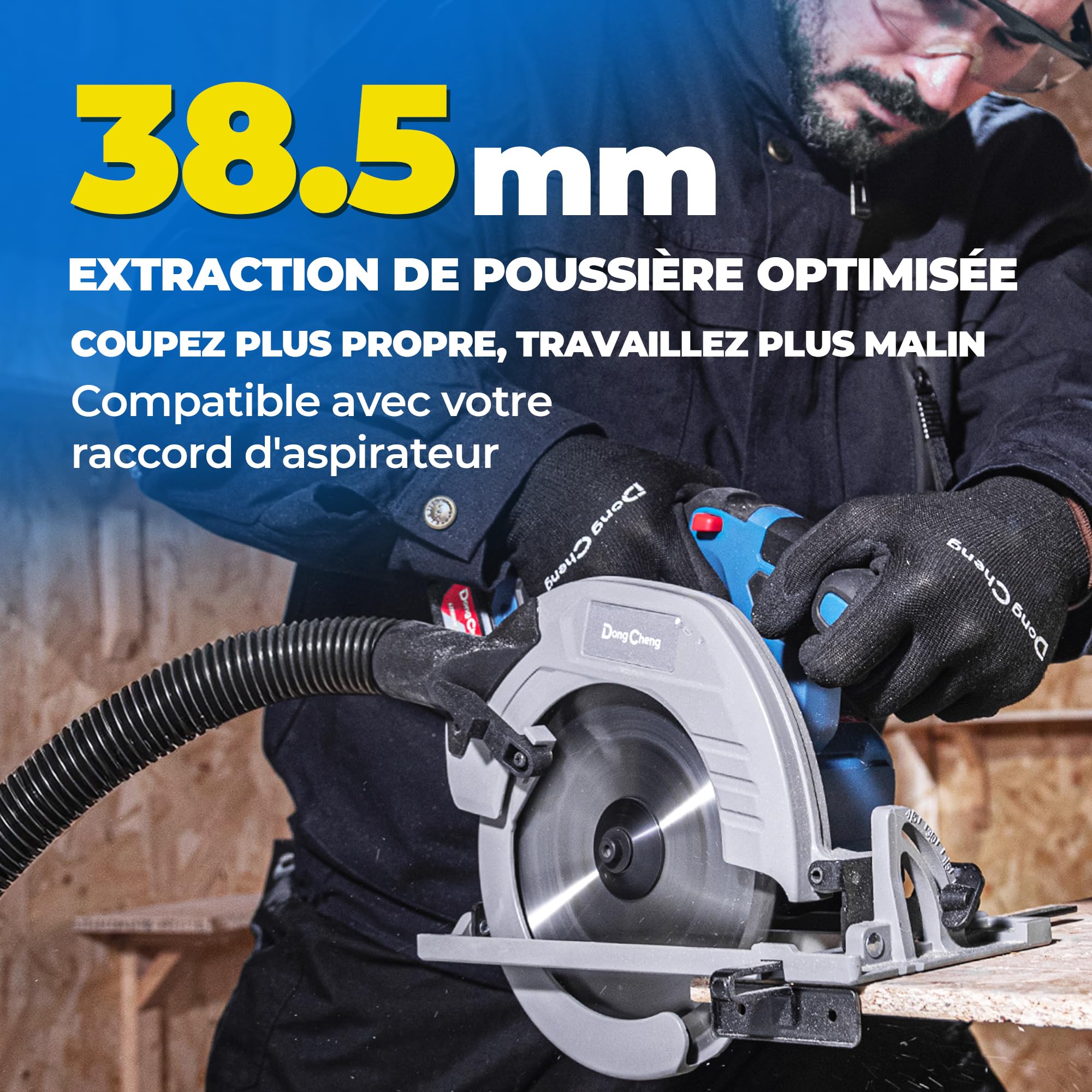 Dong Cheng Scie Circulaire Sans Fil Ø185 mm, 5000 RPM, Profondeur Coupe 65(90°)/45mm(45°), Avec 3 lame de scie Ø 185 x Ø 20 mm et Rail Guide, pour Bois, Carrelage, Métal Mou