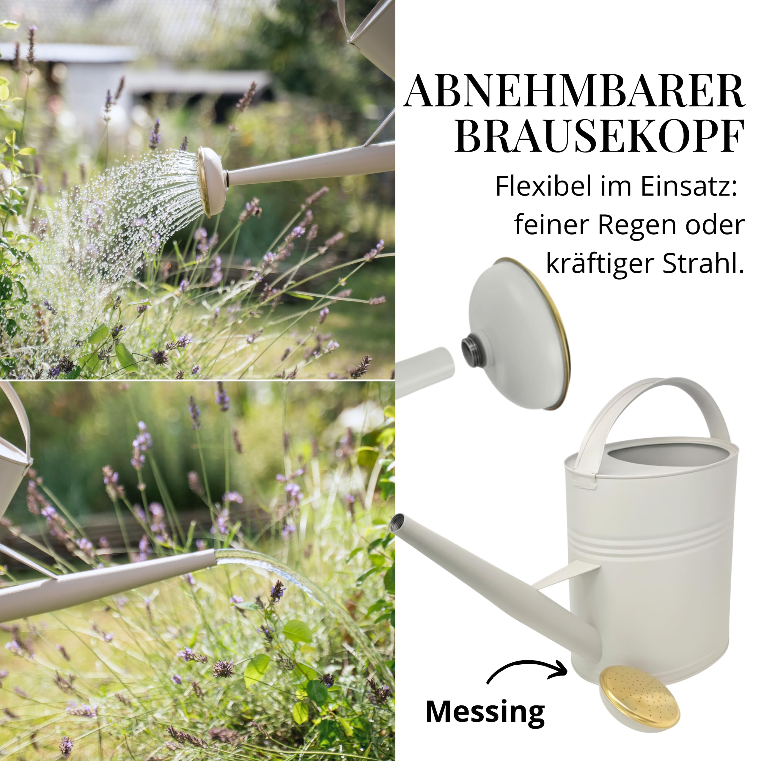 Gießkanne 10l, Gießkanne Metall für Garten & Balkon, Hochwertige Giesskanne 10 Liter aus verzinktem Metall, Gießkanne mit abnehmbarer Brause, Gießkanne Retro mit Messingbrause, Gießkanne Greige