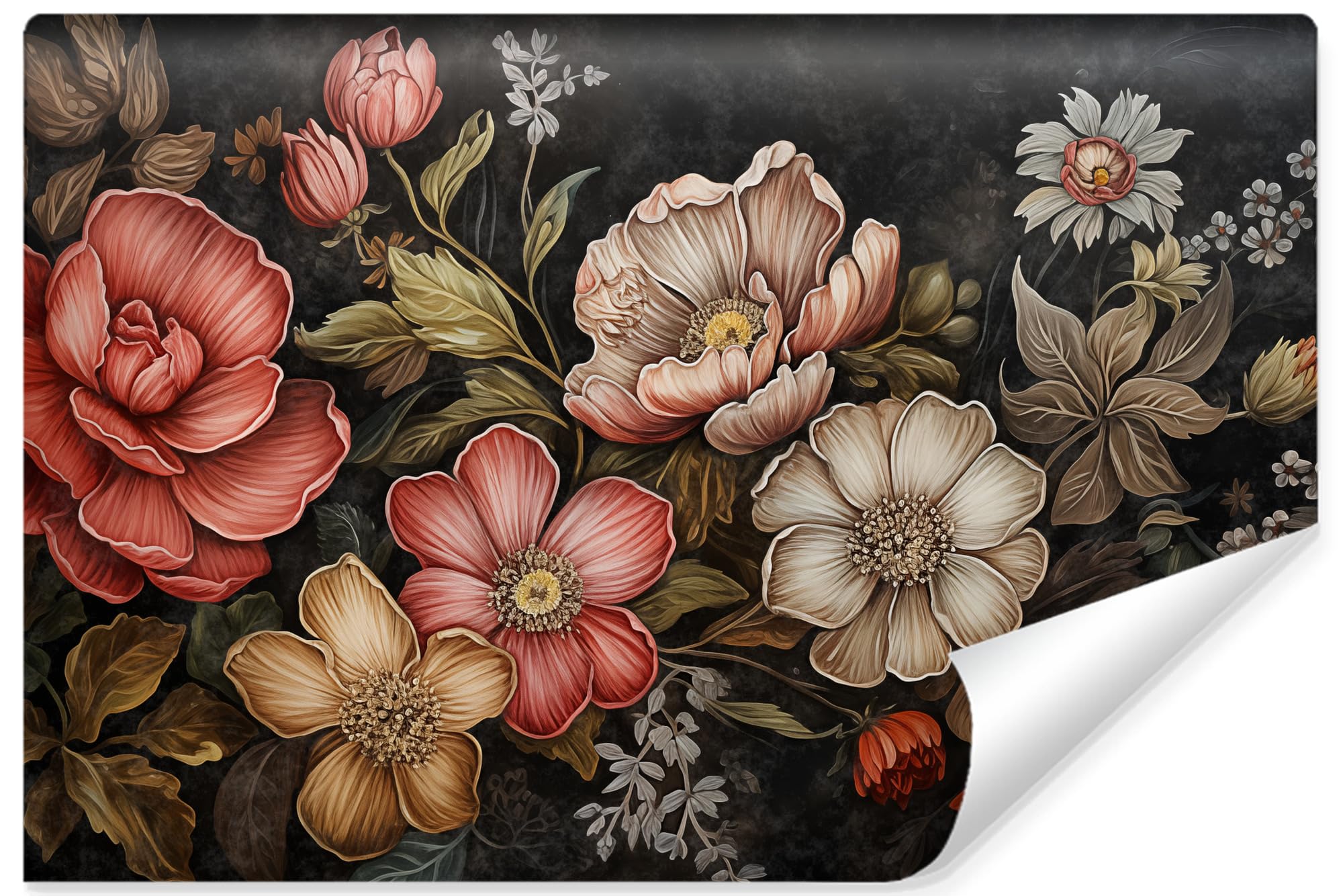Muralo - Tapeta 3D z włókniny - fototapeta z efektem 3D - tapeta do salonu, sypialni, tapeta ścienna - fototapeta - liście i kwiaty w stylu vintage - szer. 254 cm x wys. 184 cm
