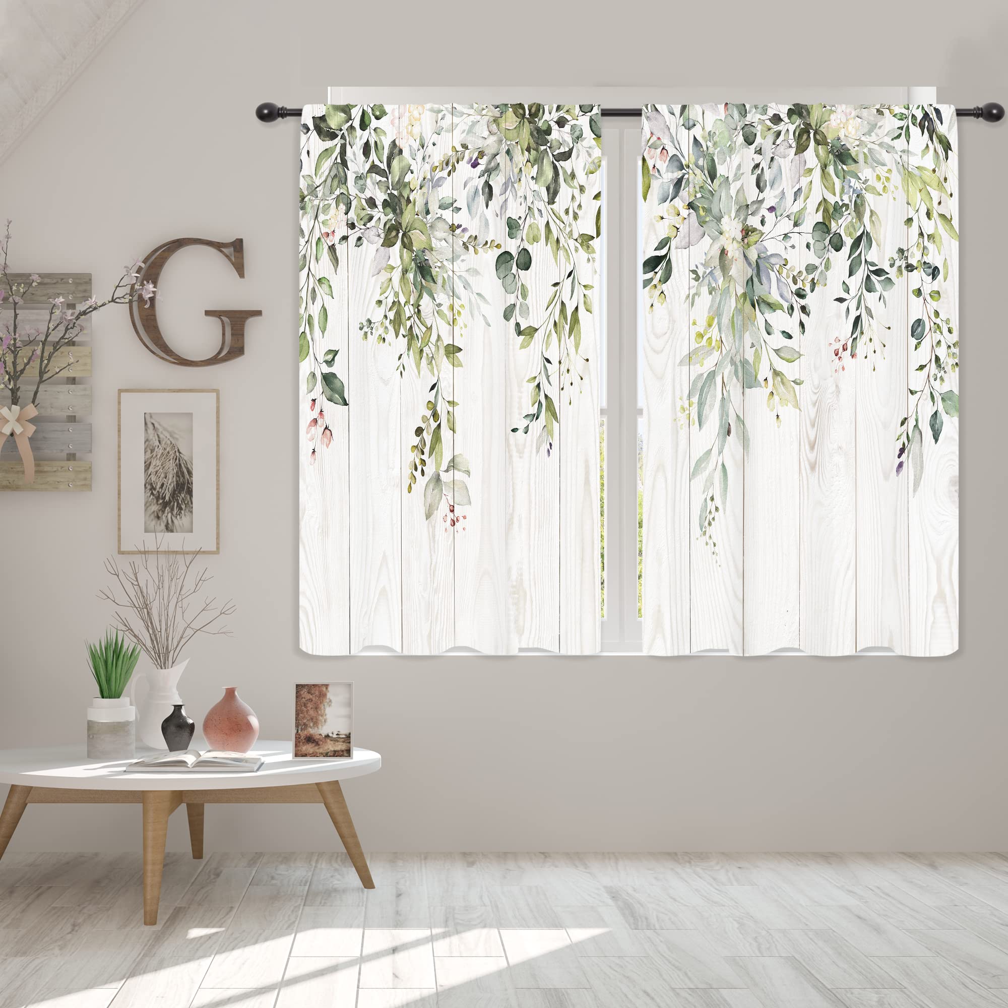 Riyidecor Green Eucalyptus Leaf Curtains 42 x 45 Inch Flower Watercolor Floral Spring Botanical Rod Pocket Wooden Wood Plant Farm Pattern Cafe Curtains Herb Living Room Window Drapes Treatment Fabric