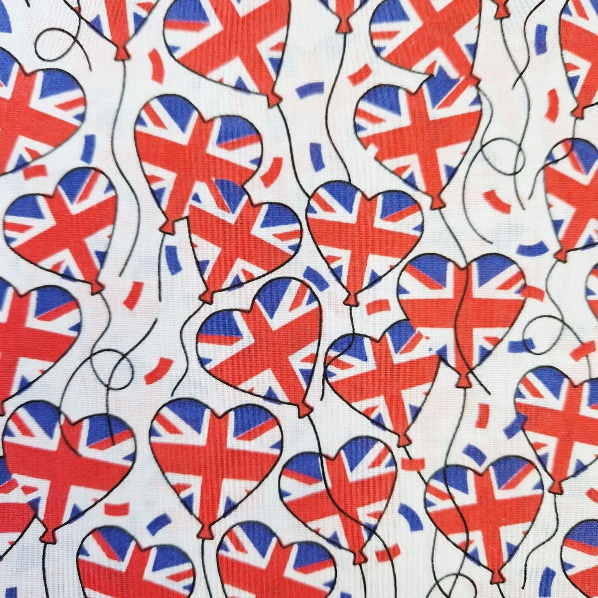 Glamour Secrets White Coronation Fabric - Union Jack Love Heart Balloon Print Polycotton Craft Fabric