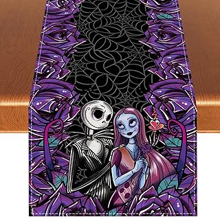 Rvsticty Linen Halloween Table Runner Gothic Skull Tablecloth Day of The Dead Roses Skull Decor Halloween Decorations and Supplies for Home Kitchen Table-13×90’’ Jack Skellington and Sally