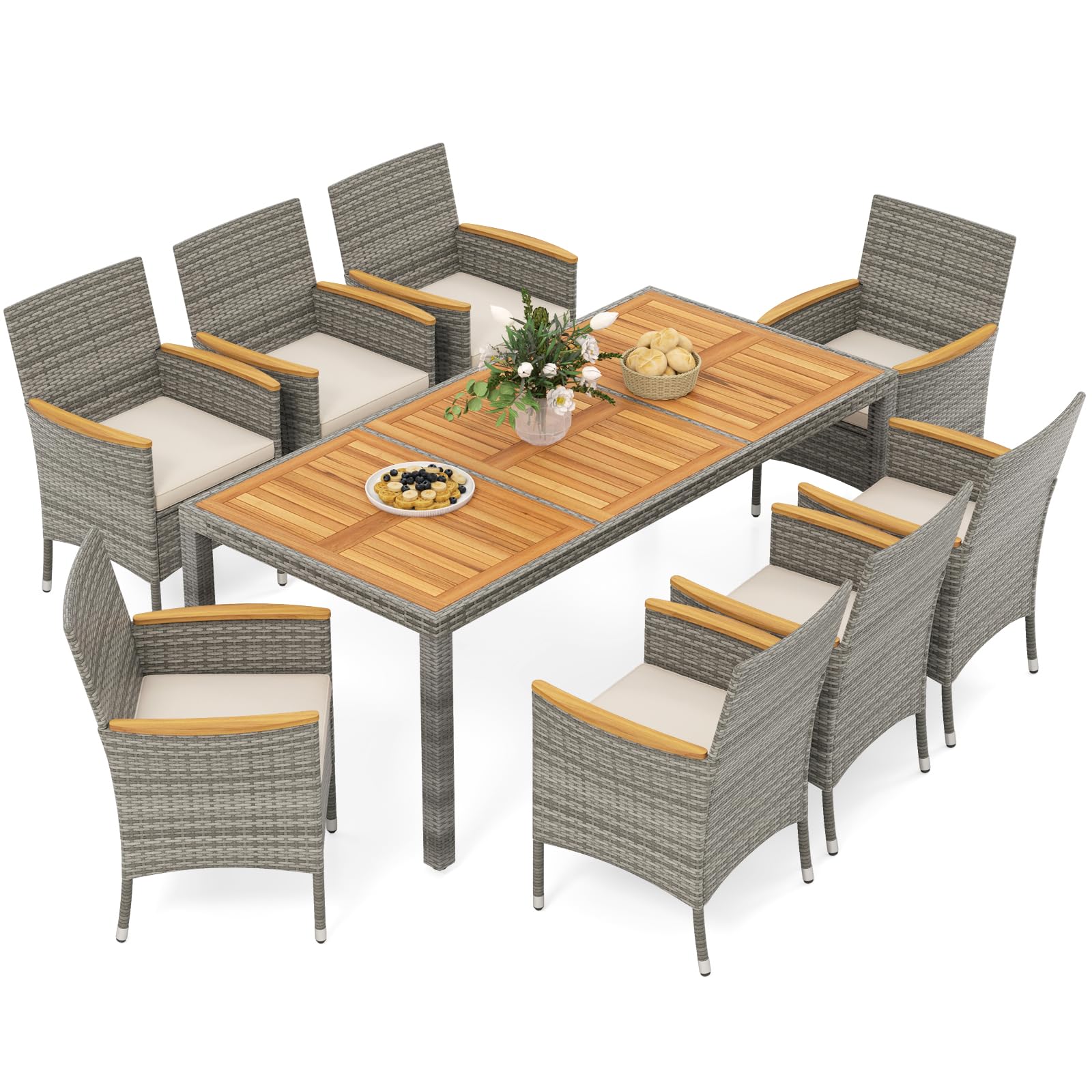 HAPPYGRILL 9 Pieces Patio Dining Set for 8, Outdoor Acacia Wood Table and Rattan Chairs with 2" Umbrella Hole, Cushions, Wicker Outdoor Dining