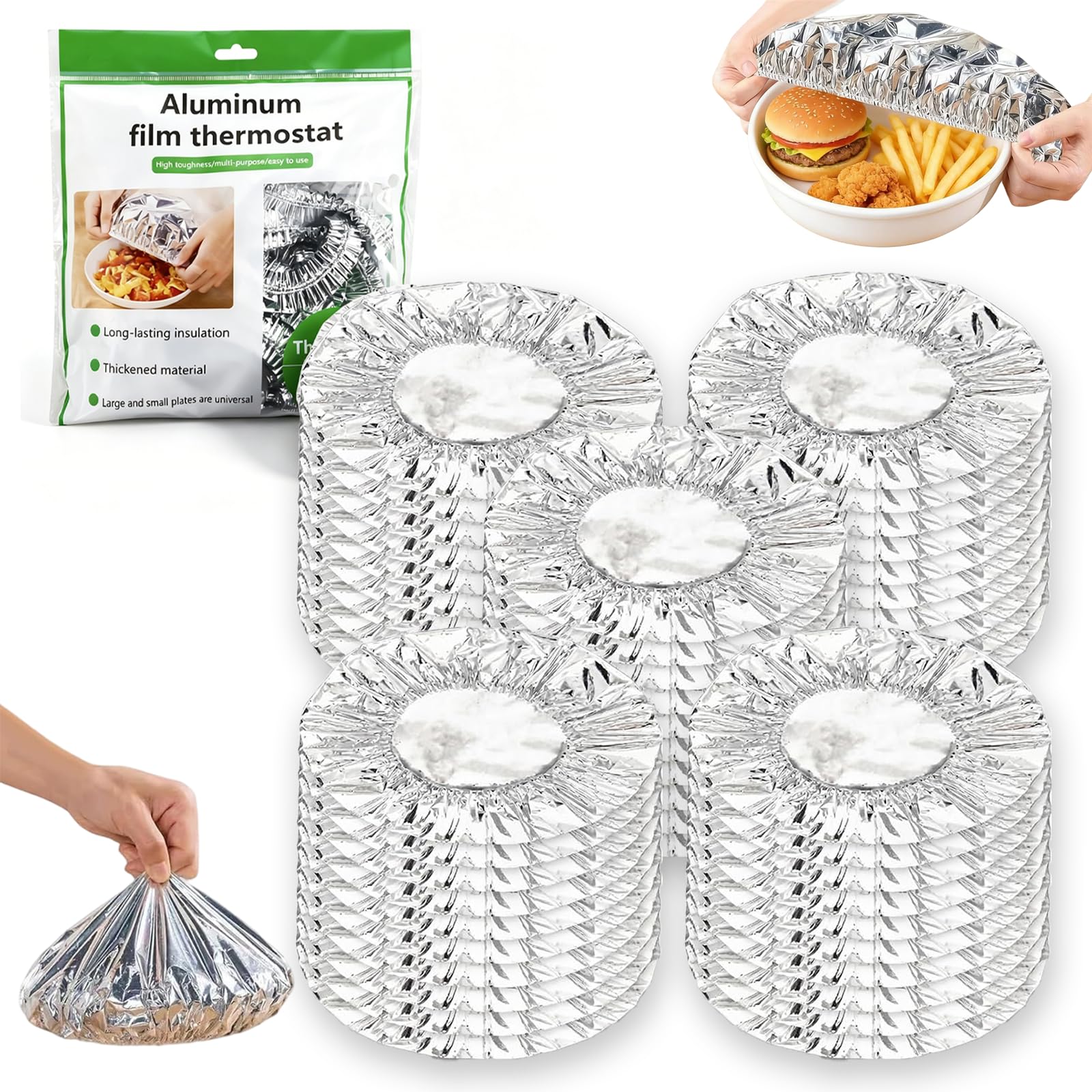 Aluminum Foil Food Covers, Aluminum Foil Insulation Cover, Reusable Foil Covers for Food, Heat Retaining Elastic Bowl Lids for Leftovers, Vegetables, Picnic, Kitchen Storage (50PCS)