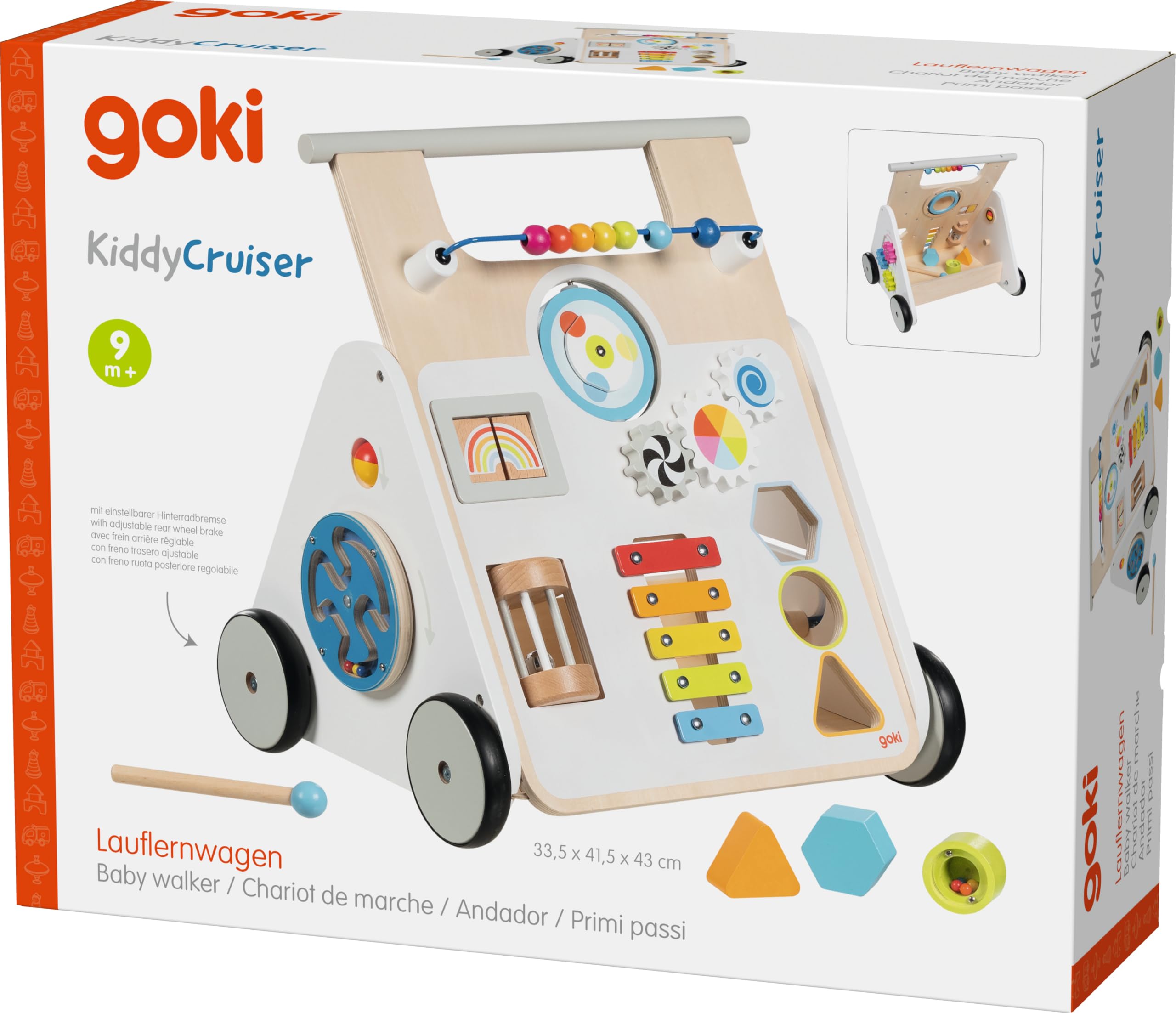 goki 59961 - Lauflernwagen KiddyCruiser aus Holz, Multifunktionale Lauflernhilfe mit Kugellabyrinth, Xylophon, Spiegel, Sortierbox, Drehpuzzle, Bremse und vieles mehr, 33cm x 41cm x 44cm, ab 1 Jahr
