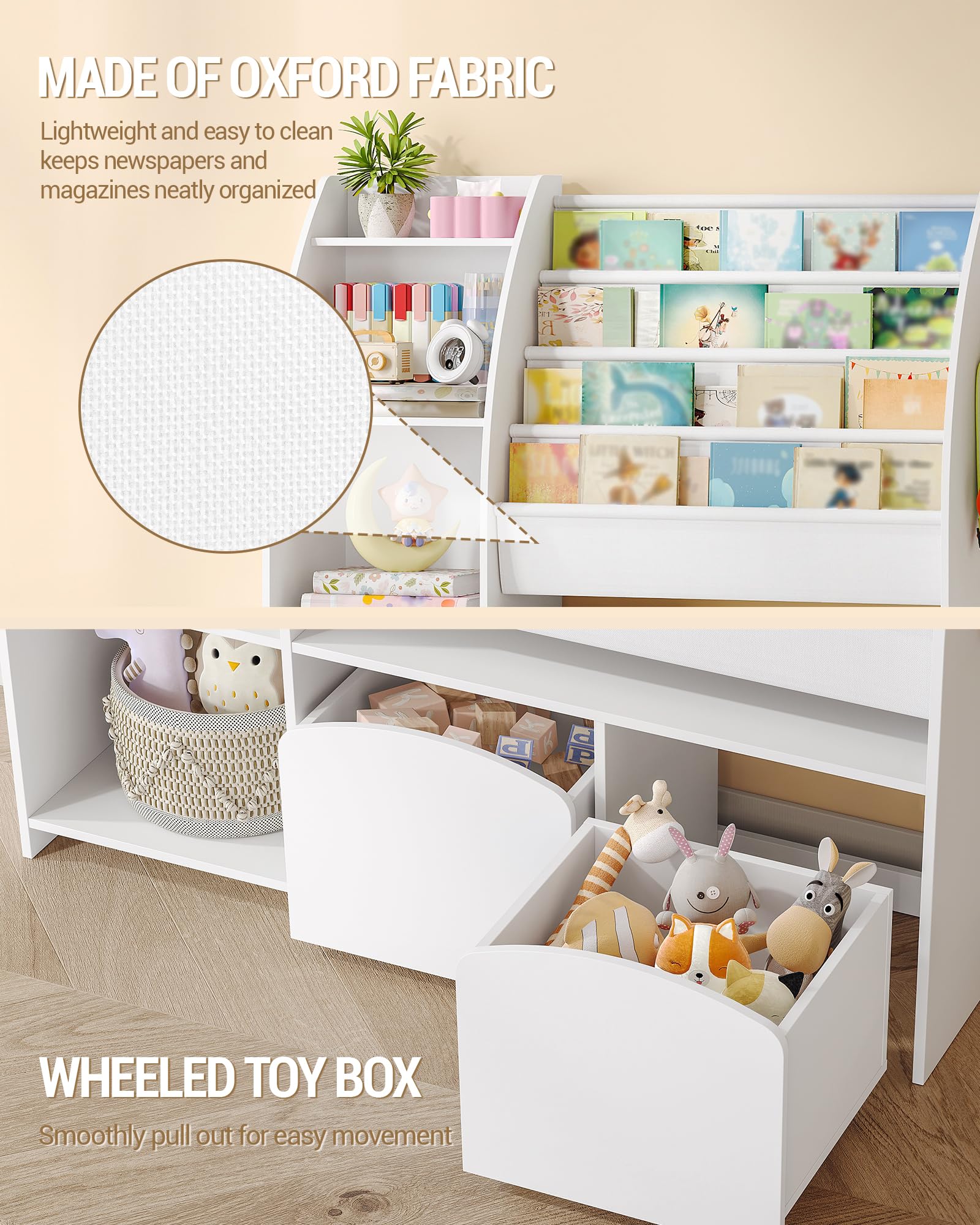 Hzuaneri Bibliothèque Enfant avec Porte-journaux, Meuble Rangement Enfant, Étagère à Jouets avec 2 colonnes, 4 étagères, 30 x 105 x 100 cm, Blanc KB12003W