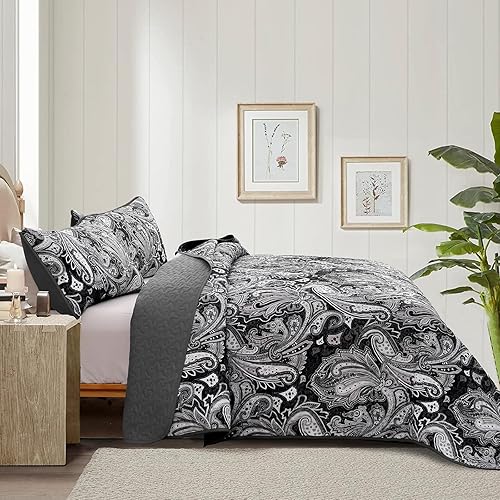 Miniatura 2 de DJY Juego de edredón de cachemira negro, tamaño King, juego de colcha bohemia de 3 piezas, suave y ligera, con estampado floral de cachemira negro y