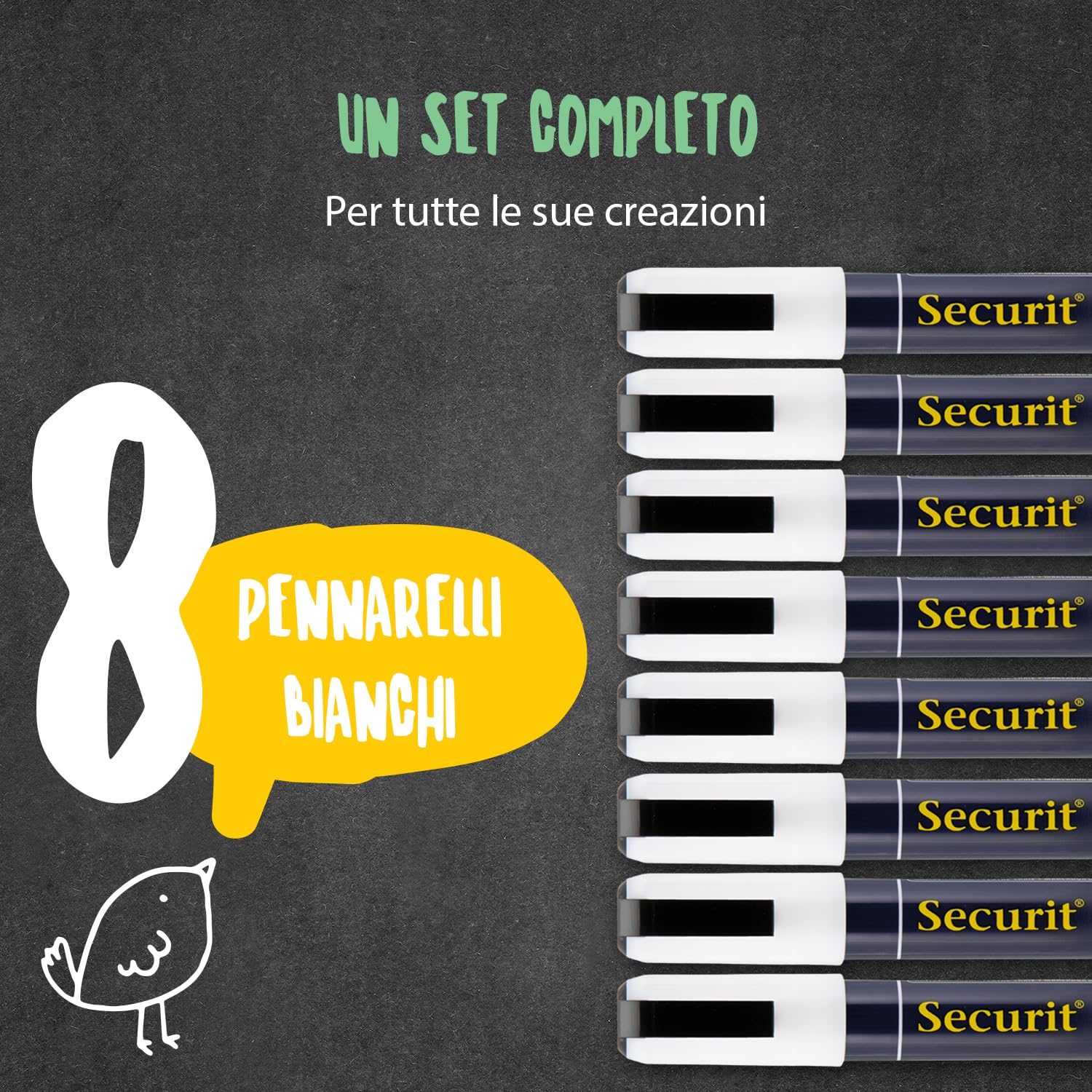 Securit Set da 8 pennarelli a gesso liquido colore Bianco - Punta Media