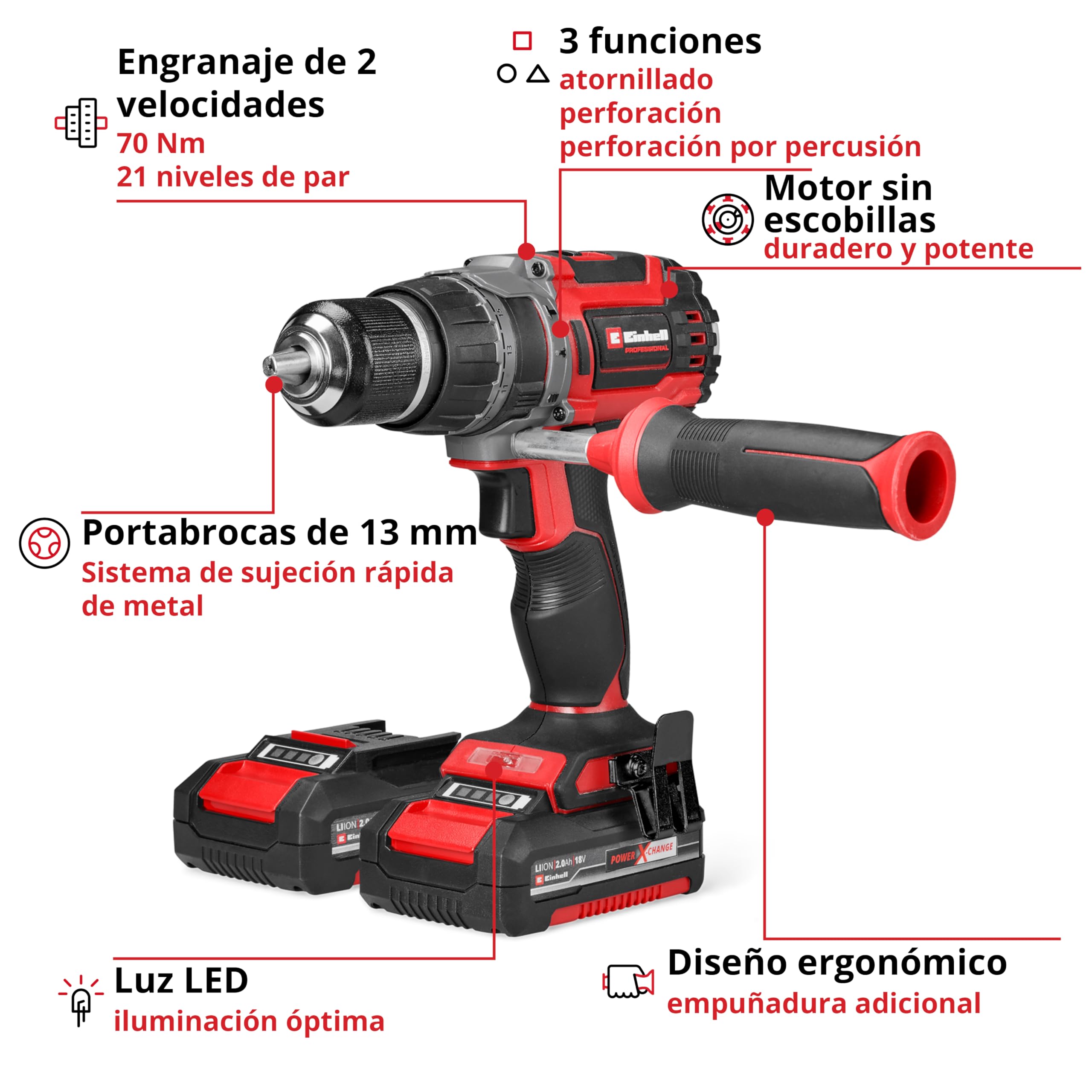 Einhell Professional Taladro percutor con batería TP-CD 18/70 Li-i BL Power X-Change (18 V, sin escobillas, 70 Nm, función de perforación por percusión 2x 2,0 Ah, cargador, E-Case)