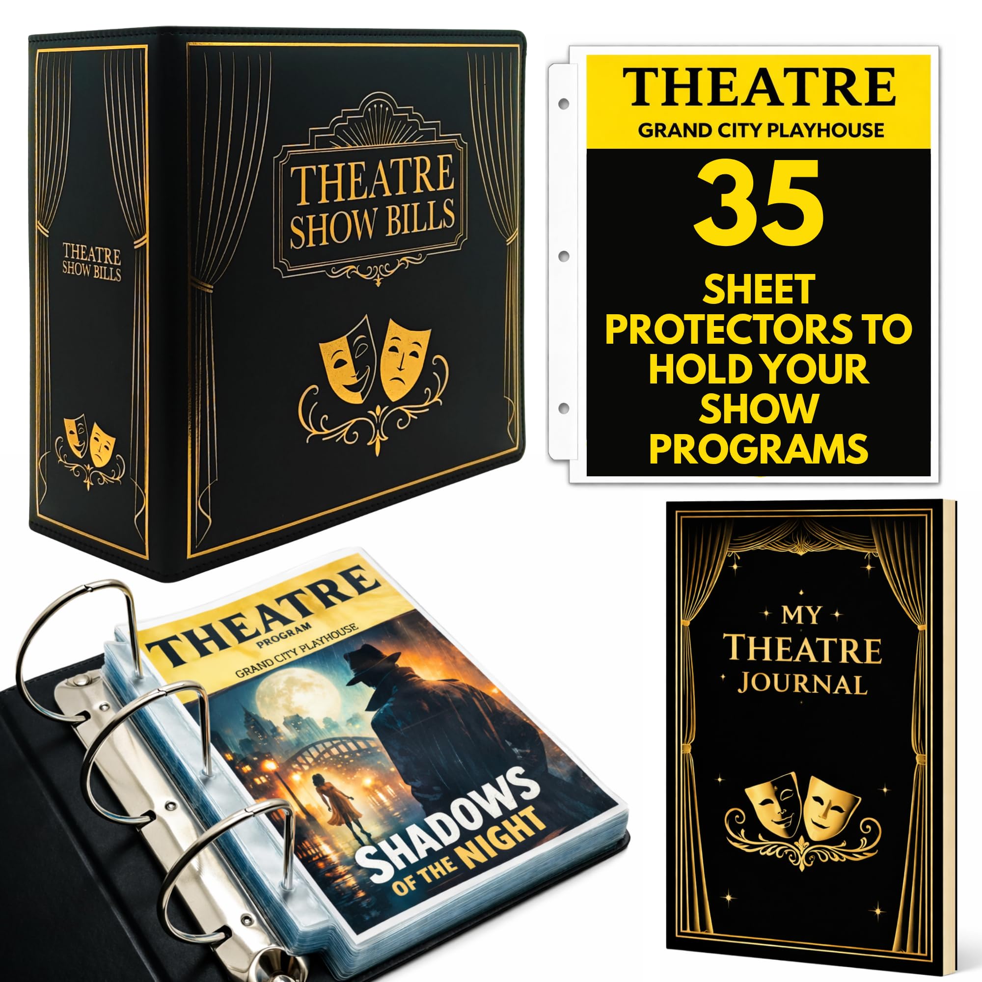 Show-Bill Binder & Theatre Journal Set – Faux Leather Folder with 35 Sleeves, 86 Show Log Book – Musical Theatre Program Organiser & Broadway Gift