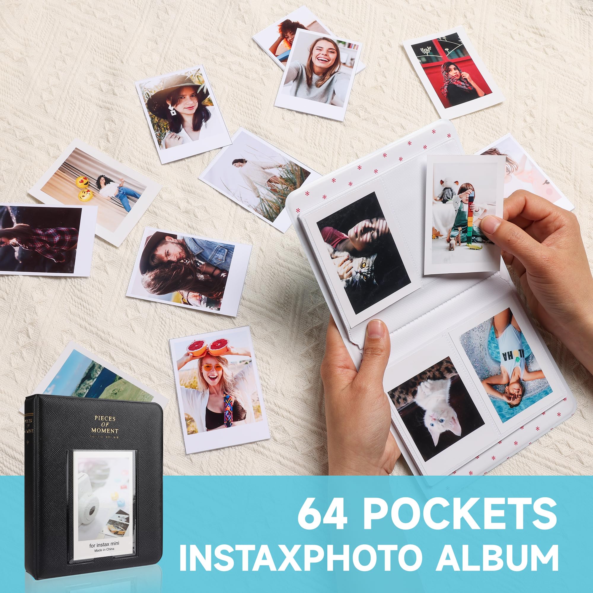 Kameratasche und 64 Taschen Fotoalbum kompatibel mit Fujifilm Instax Mini 12 Sofortbildkamera, PU Leder tragbare Mini 12 Kameratasche mit verstellbarem Schulterriemen (Schwarz)