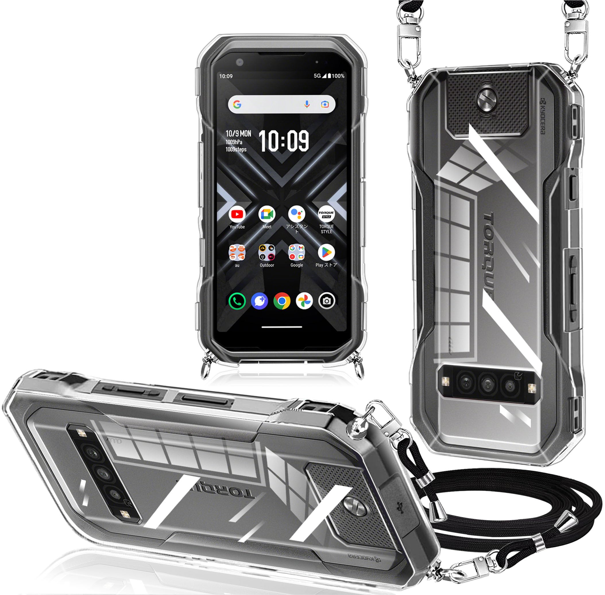 TORQUE G06 ケース/TORQUE G06 KYG03 ケース クリア ショルダー 縄掛けケース 耐衝撃 スマホケース 透明 薄型 軽量 TPU カバー 肩掛け 斜めかけ 紐付き 織りストラップ付き 長さ調整可能 取り外し可能 (クリア)