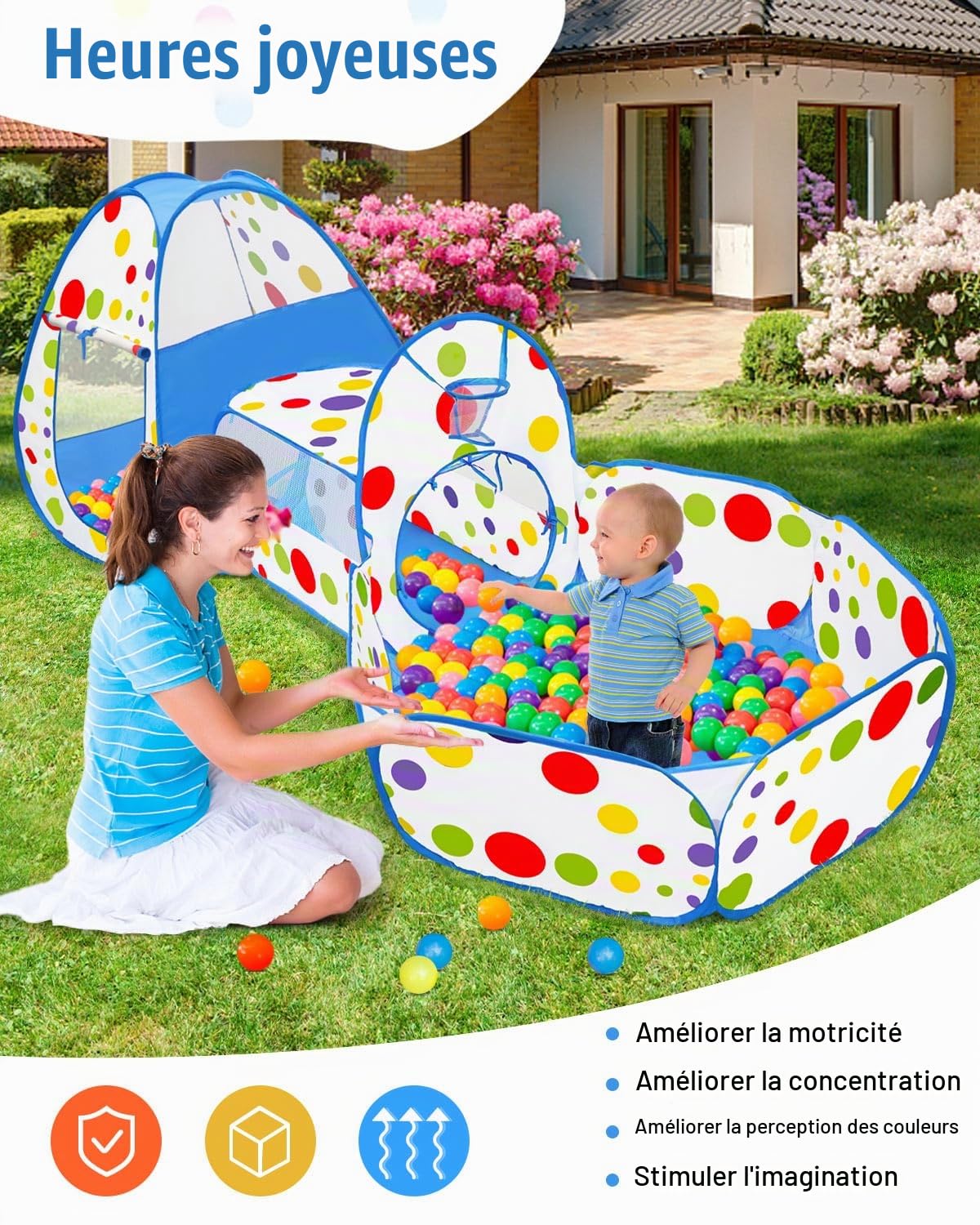MAIKEHIGH Tente Tunnel Enfant, 3 en 1 Pop Up Piscine a Balle | Pliable Maison de Jeu Jeux pour Bébé Intérieur Extérieur Garçons Filles d'anniversaire Cadeaux
