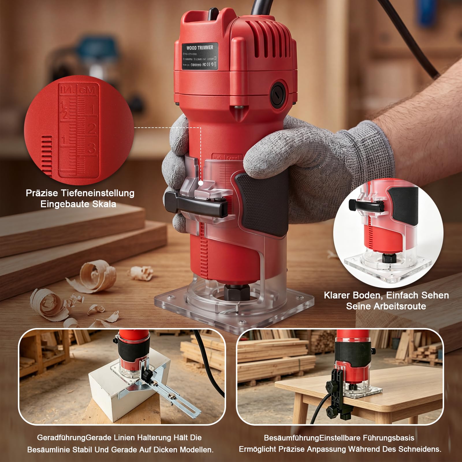 YEARTOP Kantenfräse Holz 800W, Oberfräse Set mit 6tlg. Fräsern in Holzbox, 31000 U/min Einhandfräse Elektro, Palstikbasis & Parallelanschlag Kopierführung für Holzbearbeitung Präzises Trimmen & Nuten