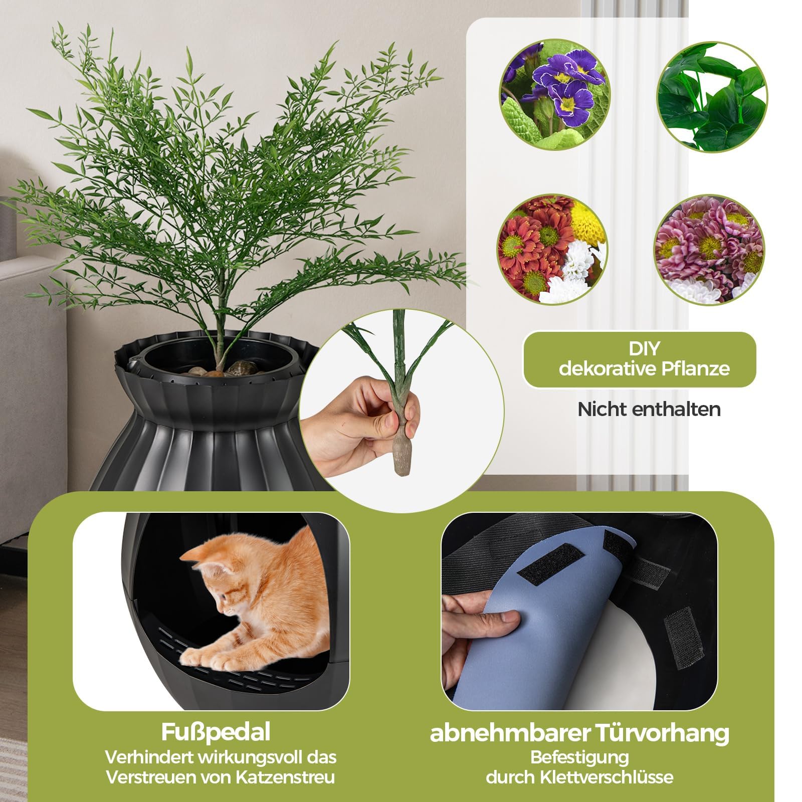 FANTASK Bac à litière pour Chat - 50 x 50 x 59 cm - avec système électronique d'élimination des odeurs - Style Pot de Fleurs avec Plante Artificielle et Cailloux - Noir